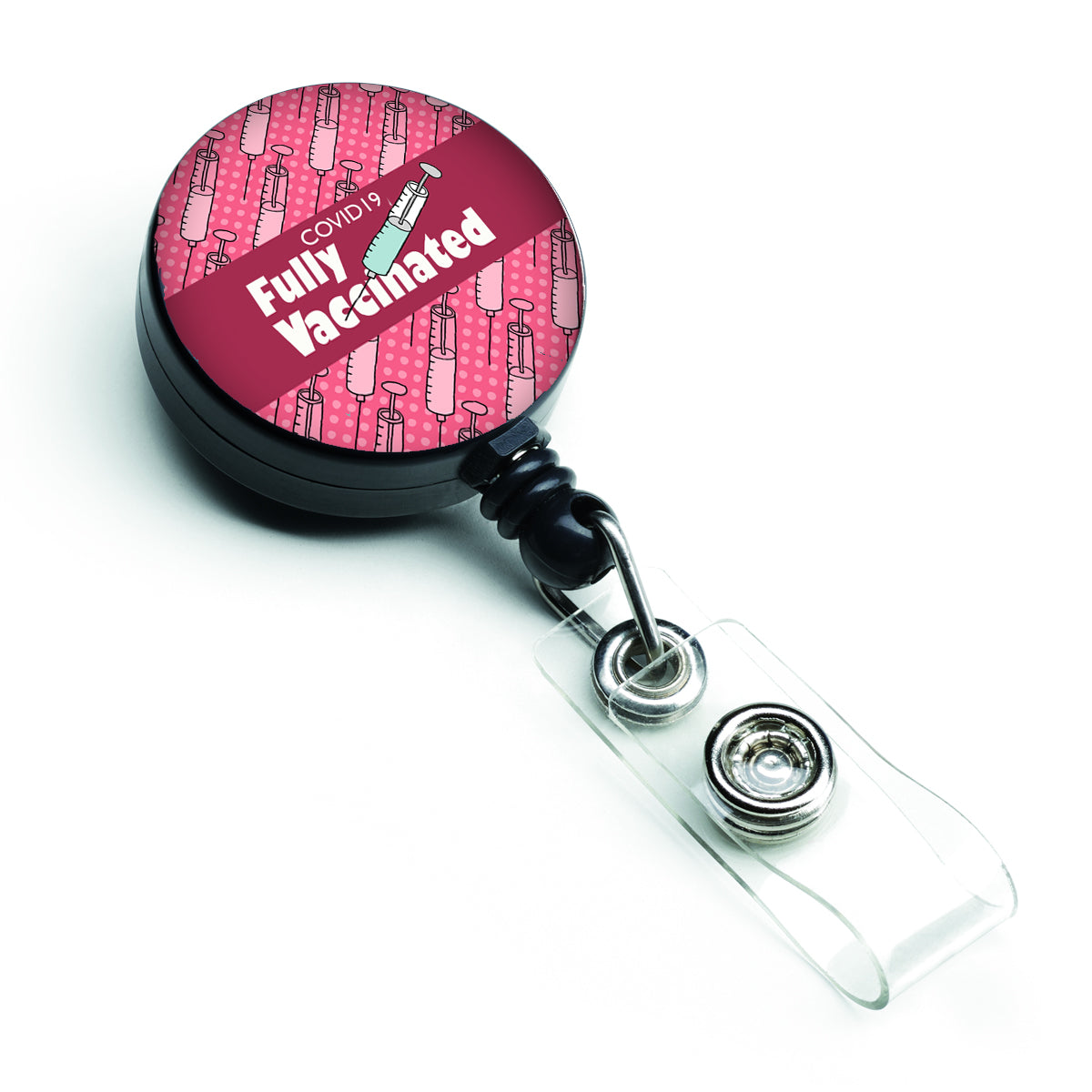 Covid 19 Fully Vaccinated Shot Red Retractable Badge Reel