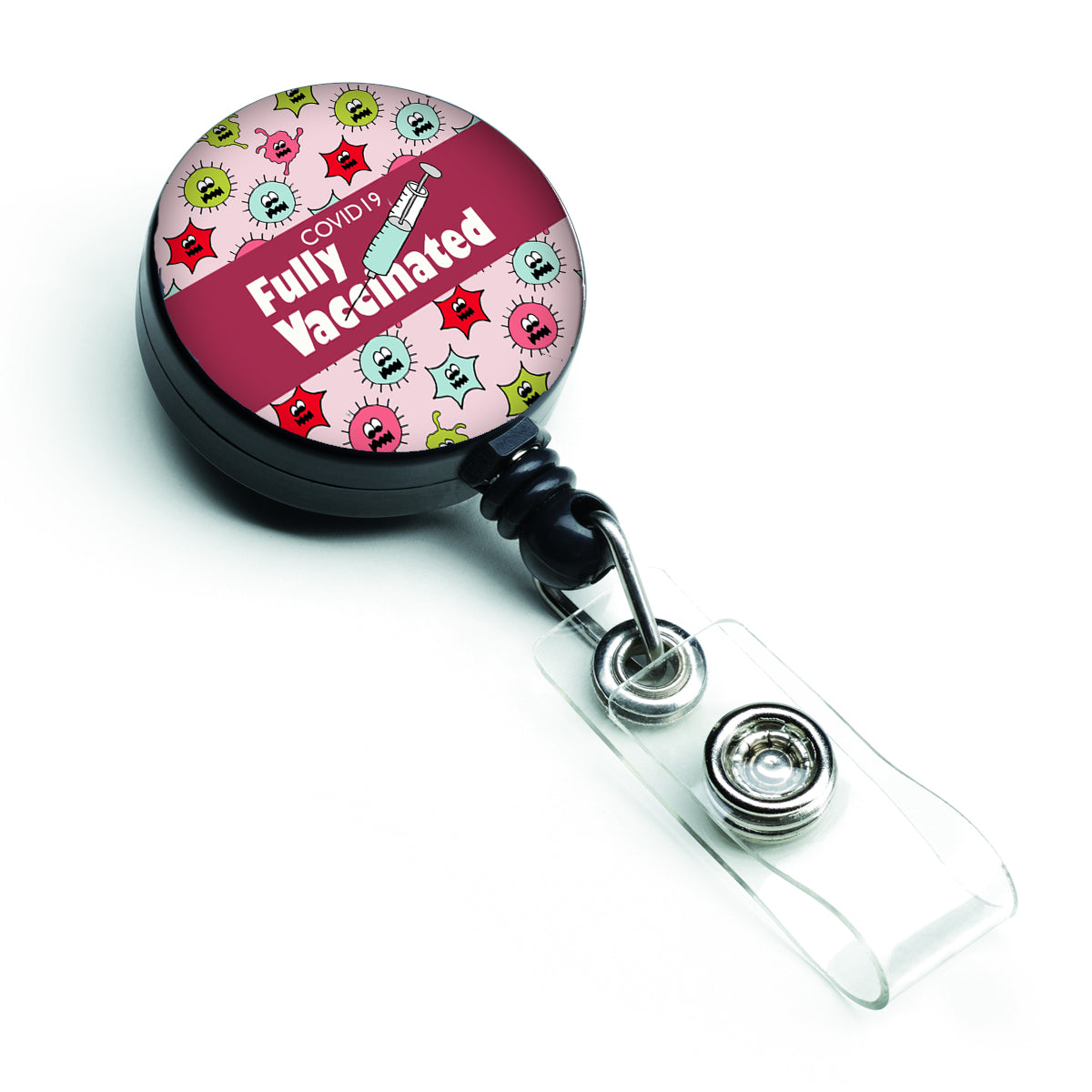 Covid 19 Fully Vaccinated Virus Pink Retractable Badge Reel