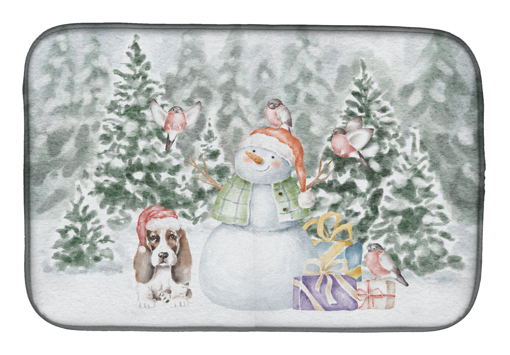 Basset Hound Puppy Brown and White with Christmas Presents Dish Drying Mat