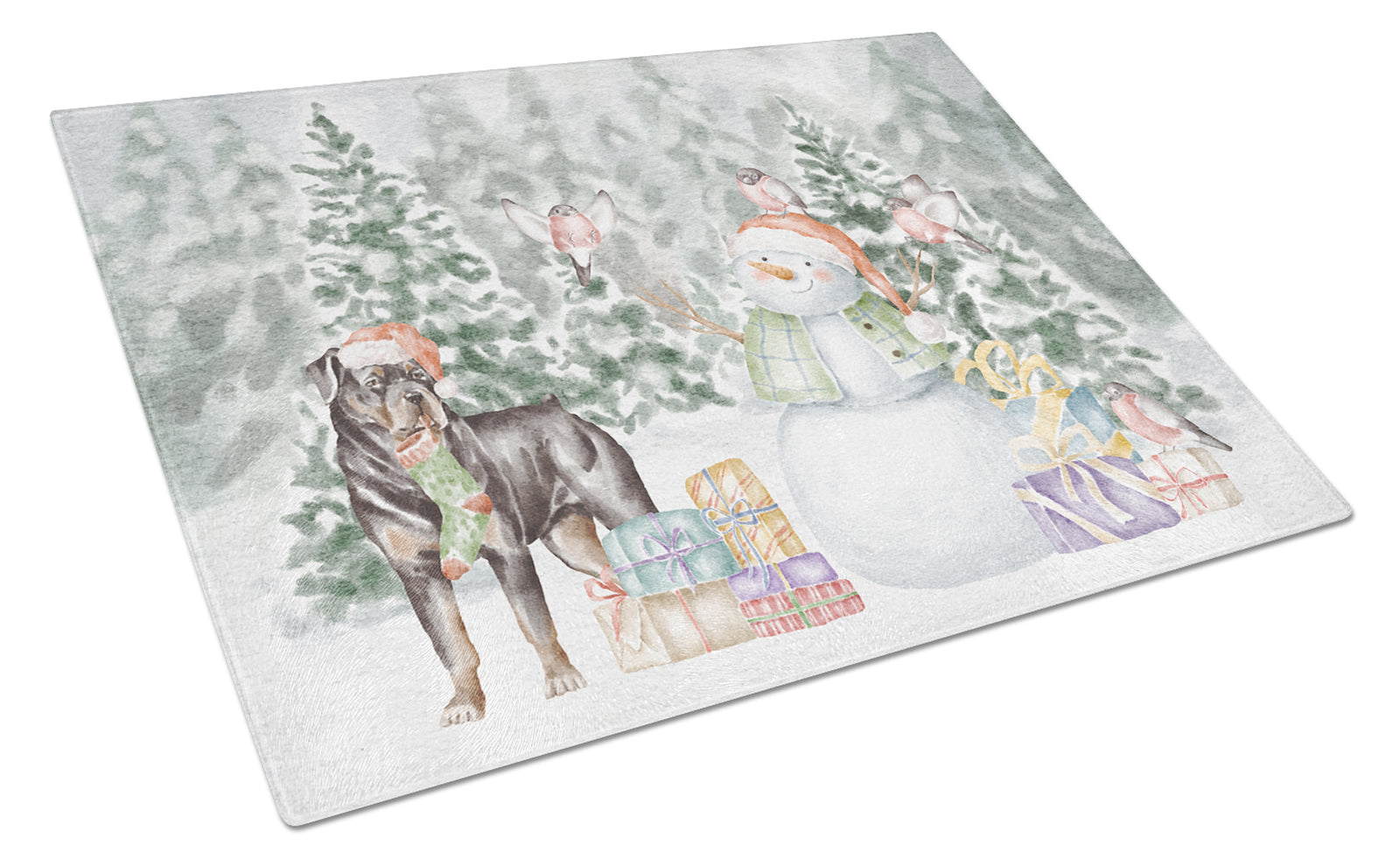 Buy this Rottweiler Standing with Christmas Presents Glass Cutting Board Large