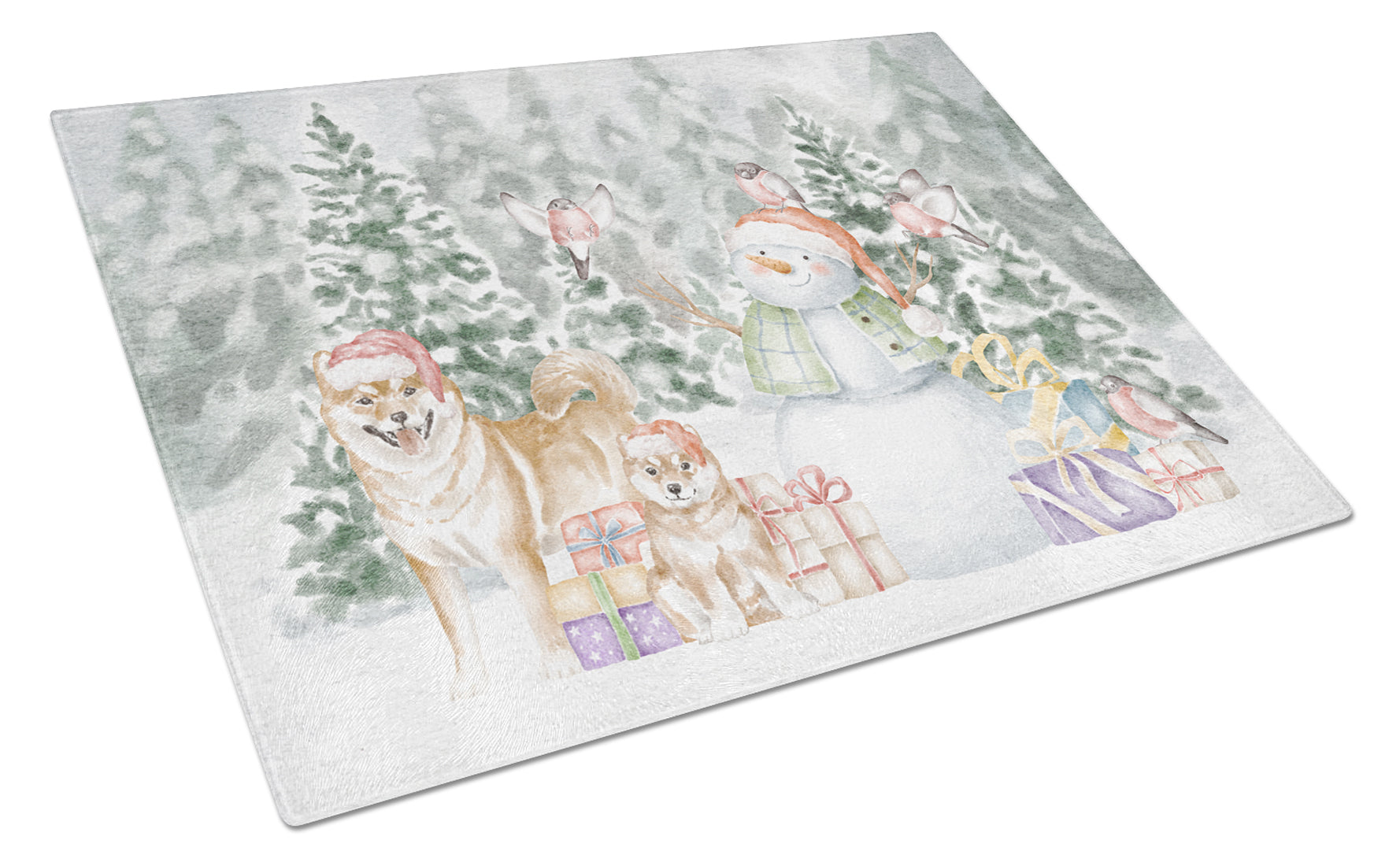 Buy this Shiba Inu Adult and Puppy with Christmas Presents Glass Cutting Board Large