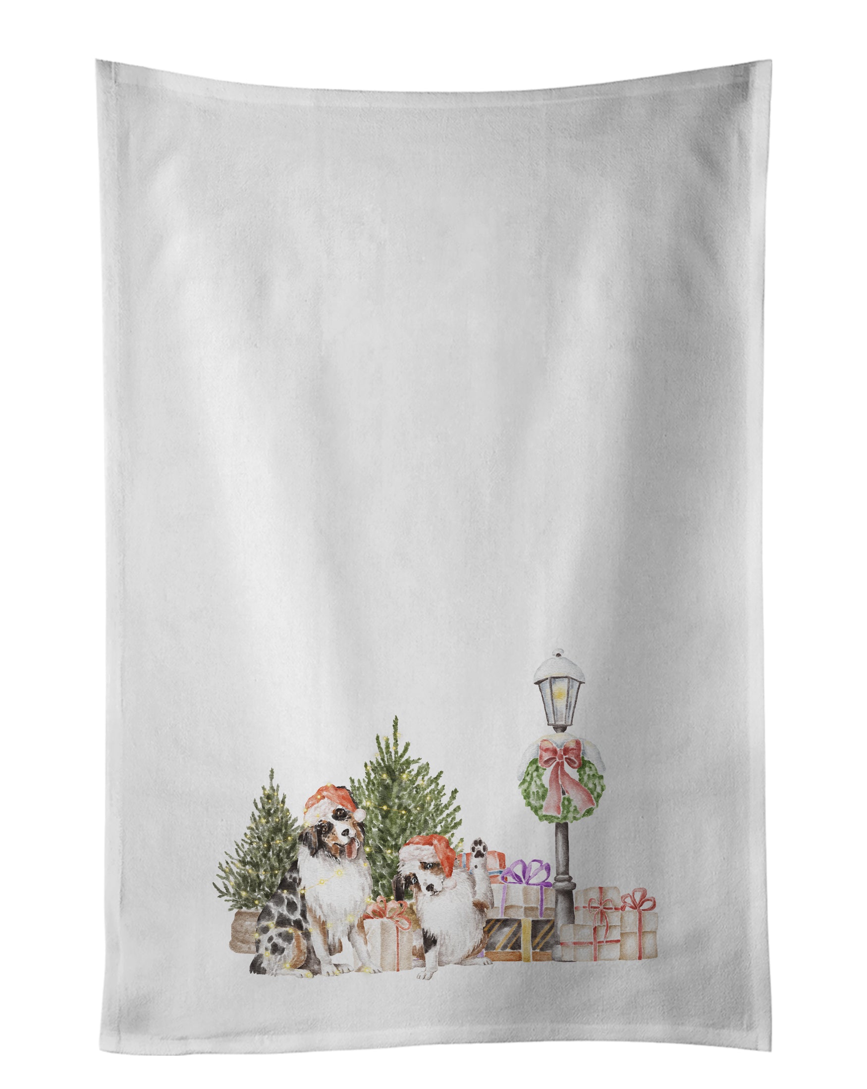 Buy this Australian Shepherd Excited Adult and Puppy with Christmas Wonderland White Kitchen Towel Set of 2