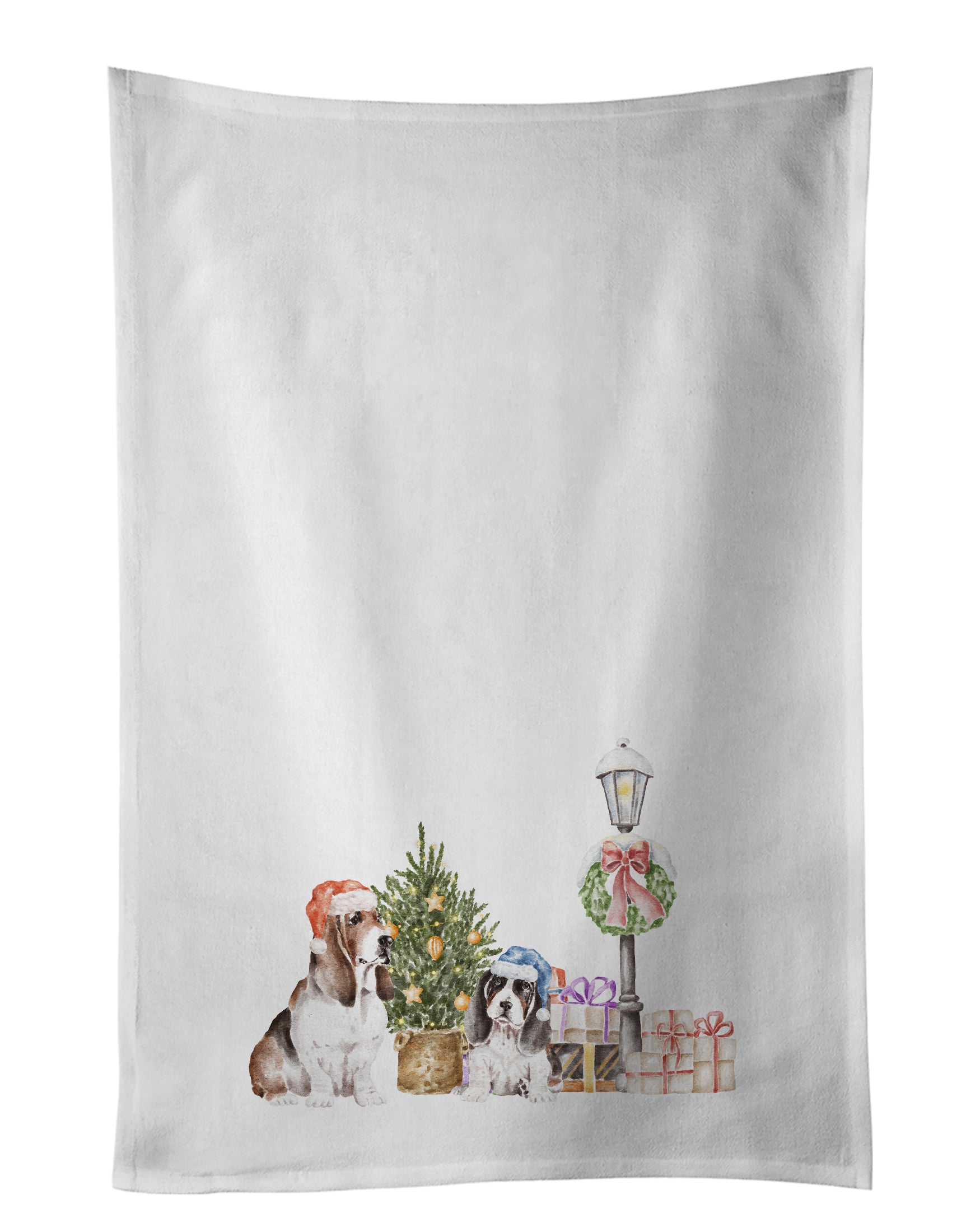 Buy this Basset Hound Tricolor Duo with Christmas Wonderland White Kitchen Towel Set of 2