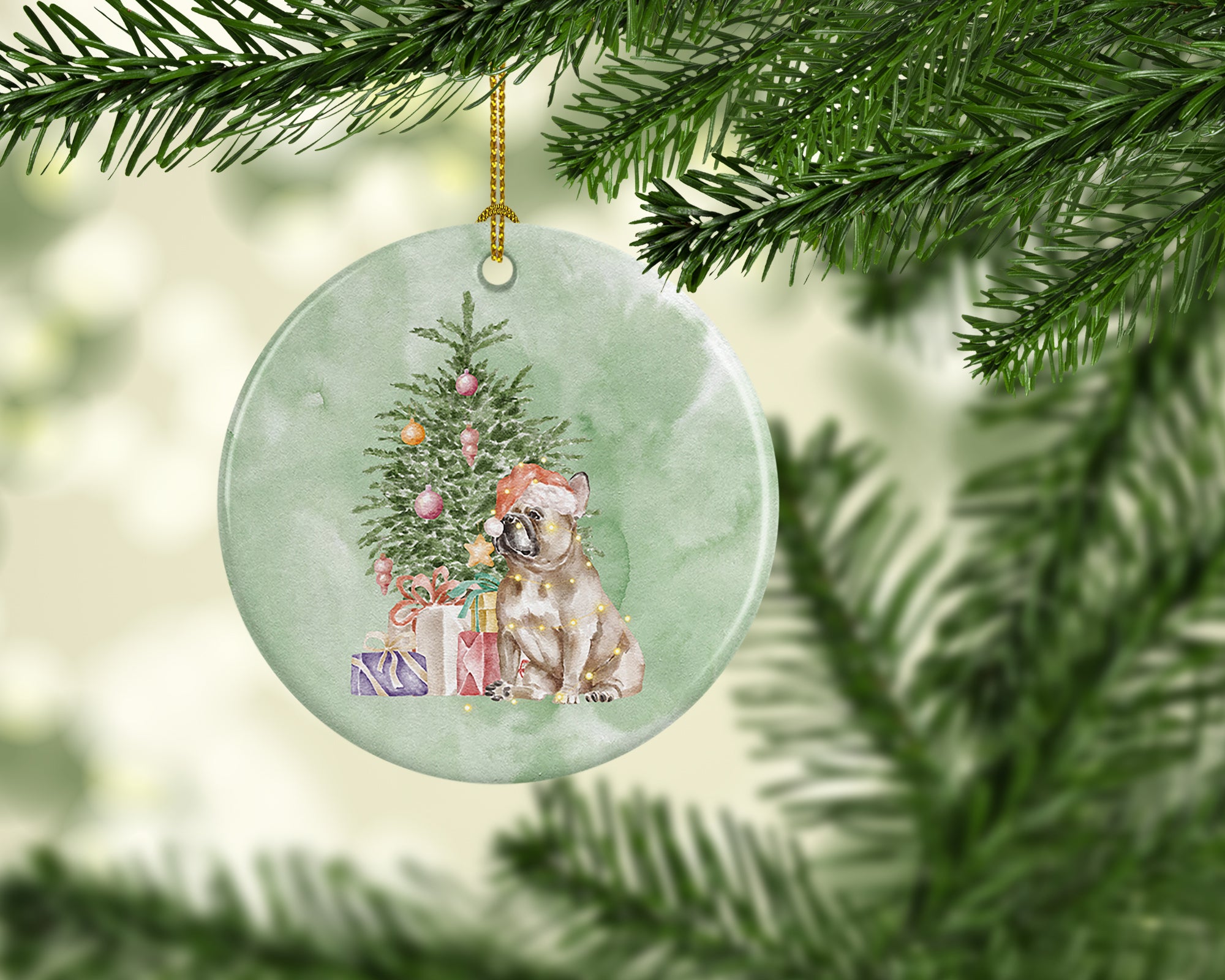 Buy this Christmas French Bulldog Fawn Ceramic Ornament