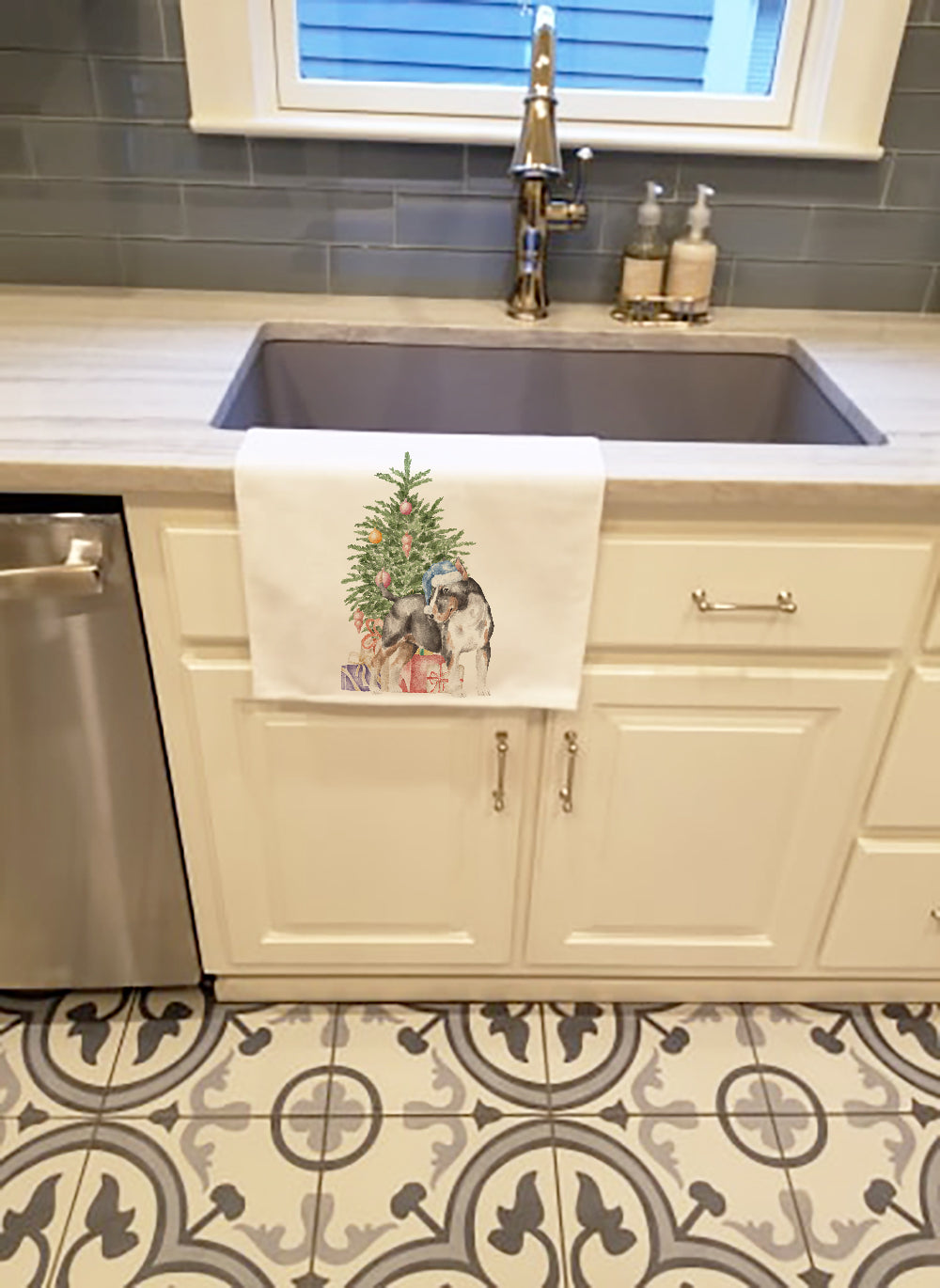 Buy this Bull Terrier Tricolor Christmas Presents and Tree White Kitchen Towel Set of 2