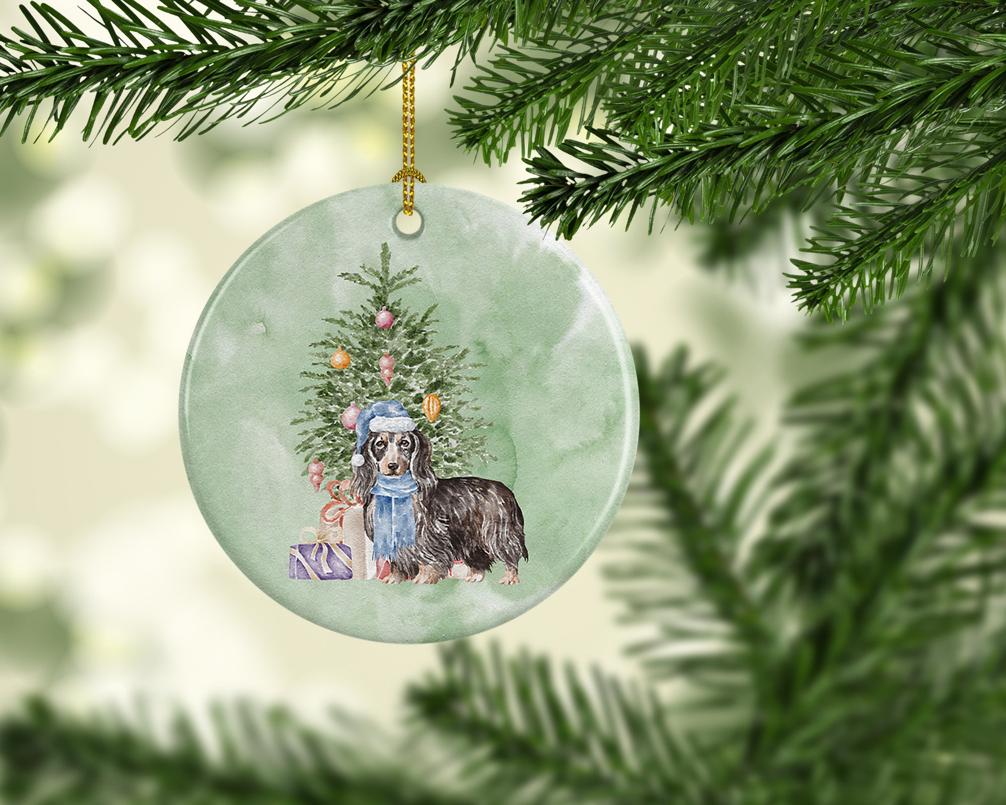 Buy this Christmas Dachshund Longhair Black Tan Ceramic Ornament