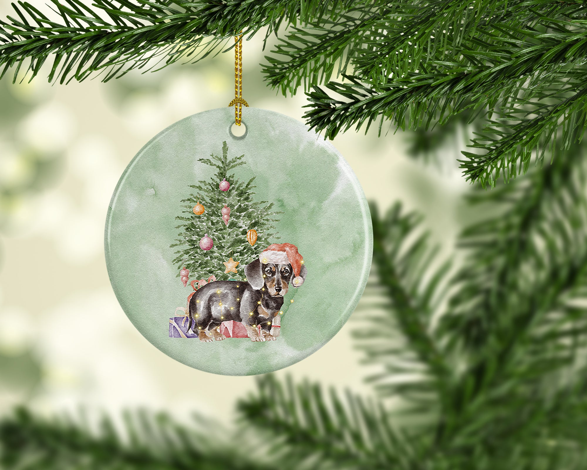 Buy this Christmas Dachshund Black Tan Puppy Ceramic Ornament