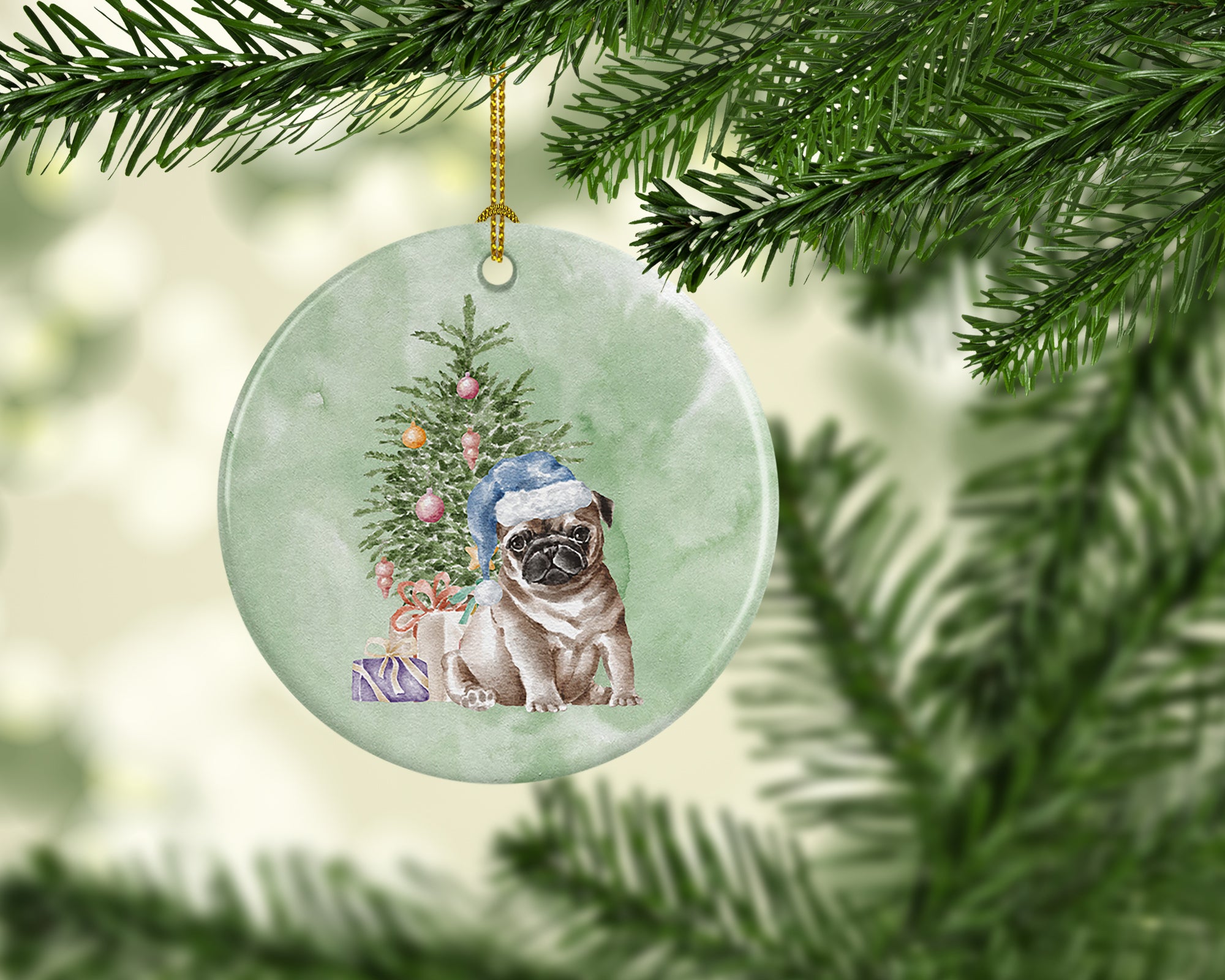 Buy this Christmas Fawn Pug Puppy Ceramic Ornament