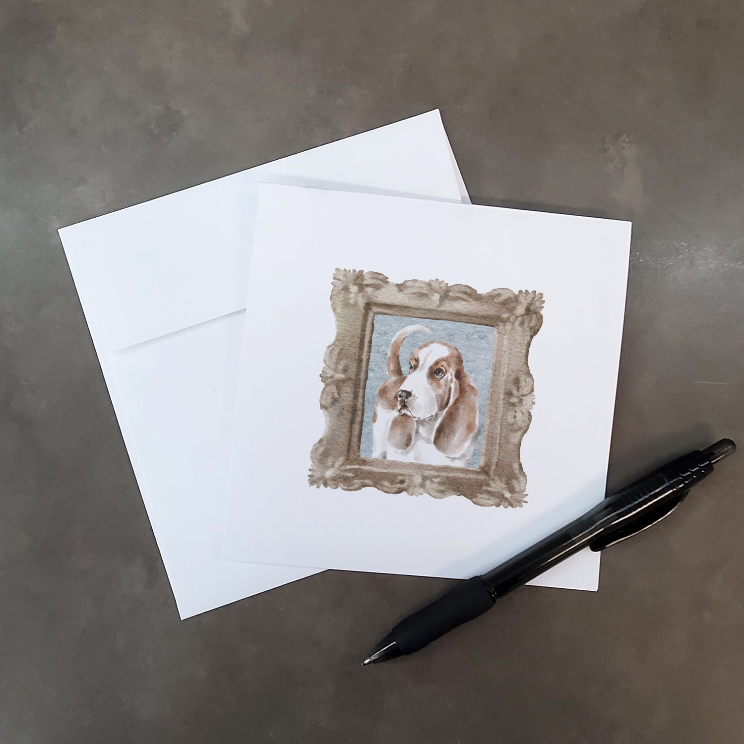 Buy this Basset Hound Red White With Tail Square Greeting Cards and Envelopes Pack of 8