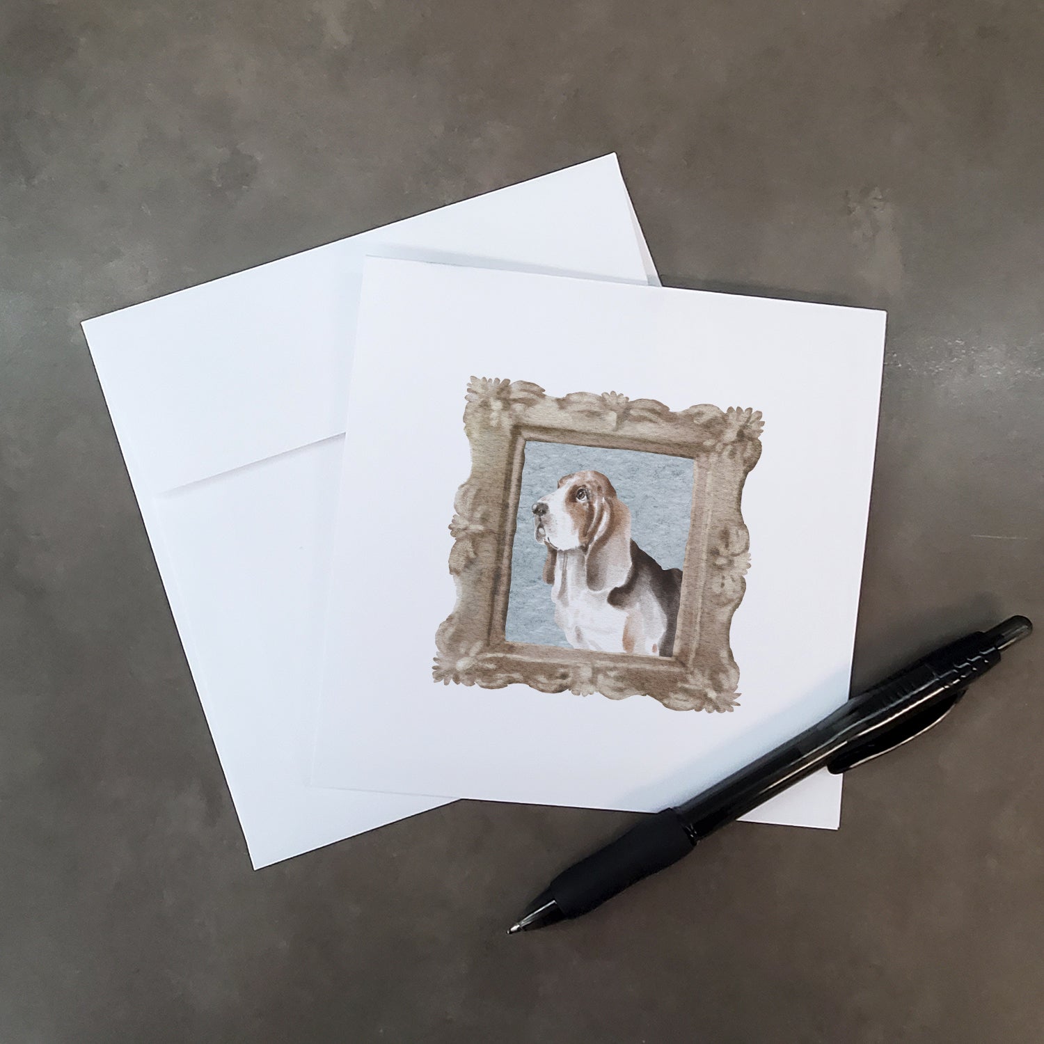 Buy this Basset Hound Tricolor Side View 3 Square Greeting Cards and Envelopes Pack of 8
