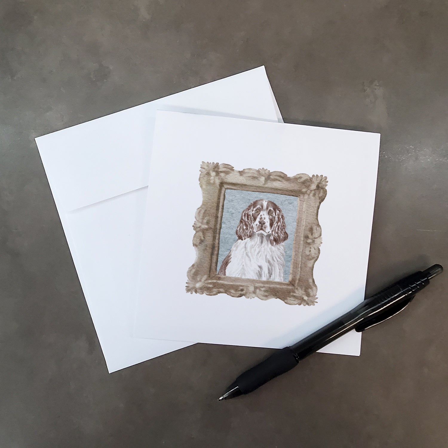 Buy this English Springer Spaniel Liver White Front View Square Greeting Cards and Envelopes Pack of 8
