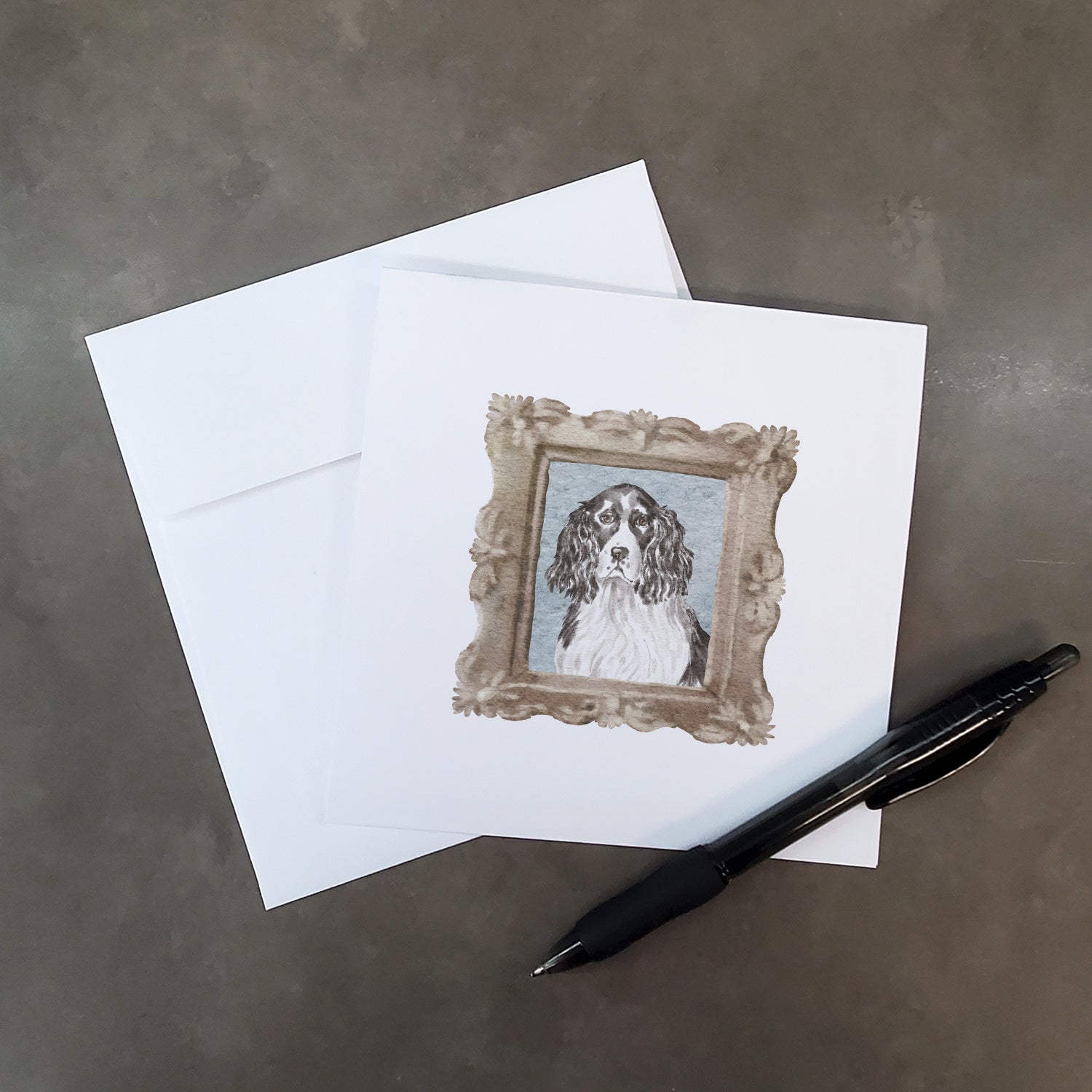Buy this English Springer Spaniel Black White Front View Square Greeting Cards and Envelopes Pack of 8
