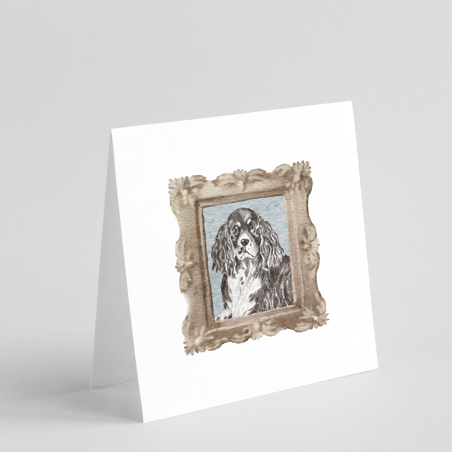 Buy this English Springer Spaniel Black White Front View 2 Square Greeting Cards and Envelopes Pack of 8
