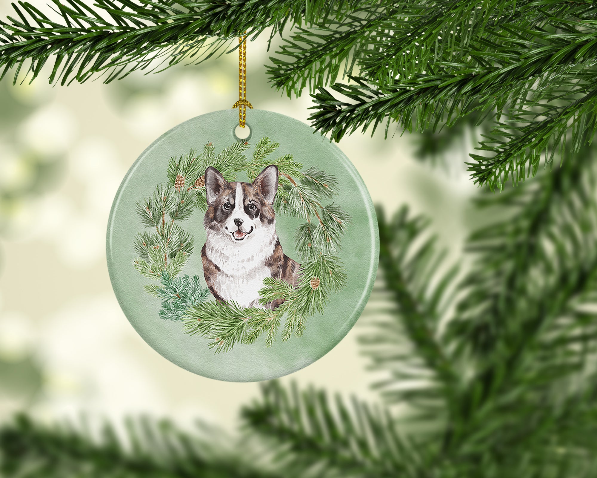Buy this Corgi Brindle Christmas Wreath Ceramic Ornament