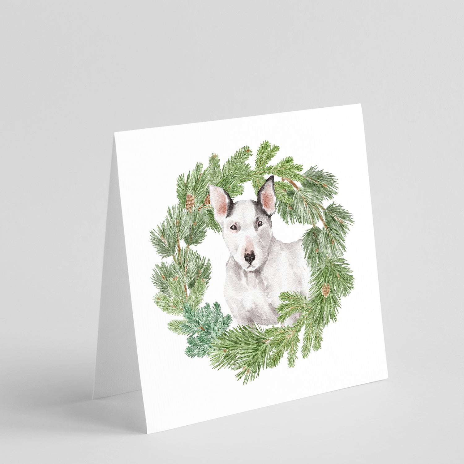 Buy this Bull Terrier White with Christmas Wreath Square Greeting Cards and Envelopes Pack of 8