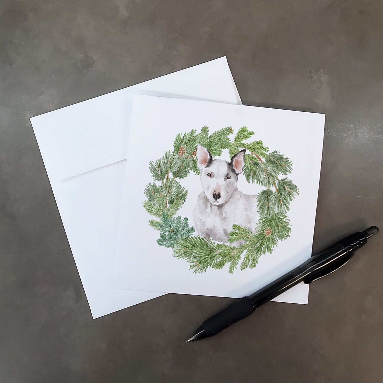 Buy this Bull Terrier White with Christmas Wreath Square Greeting Cards and Envelopes Pack of 8