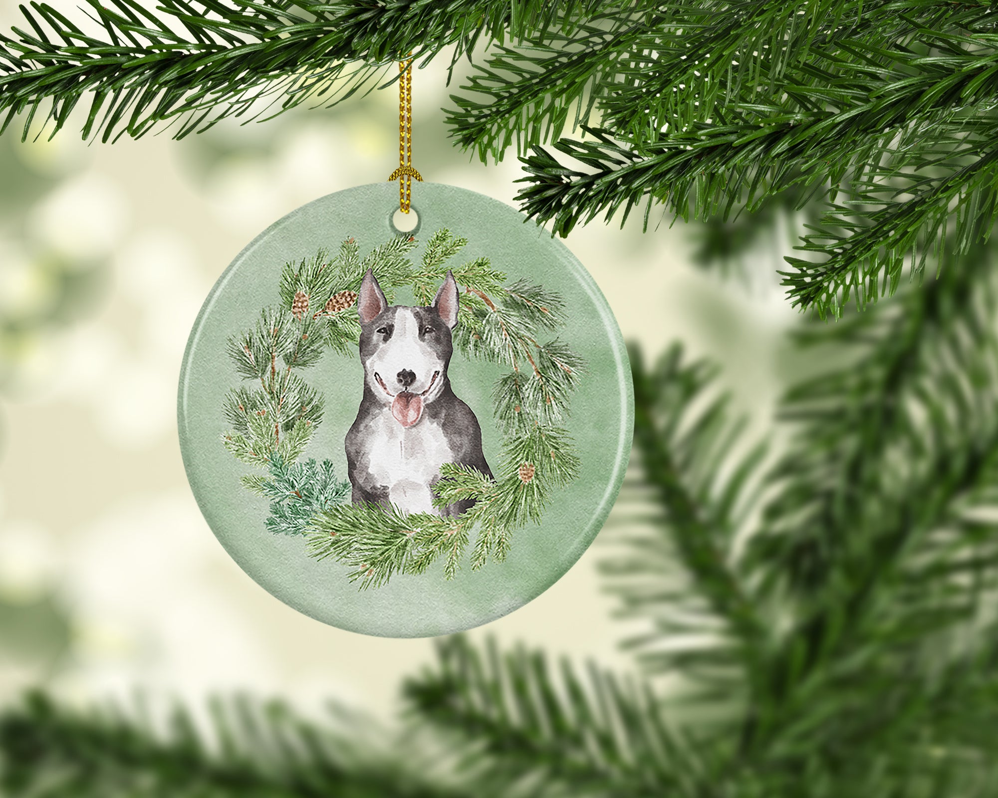 Buy this Bull Terrier Black and White Christmas Wreath Ceramic Ornament
