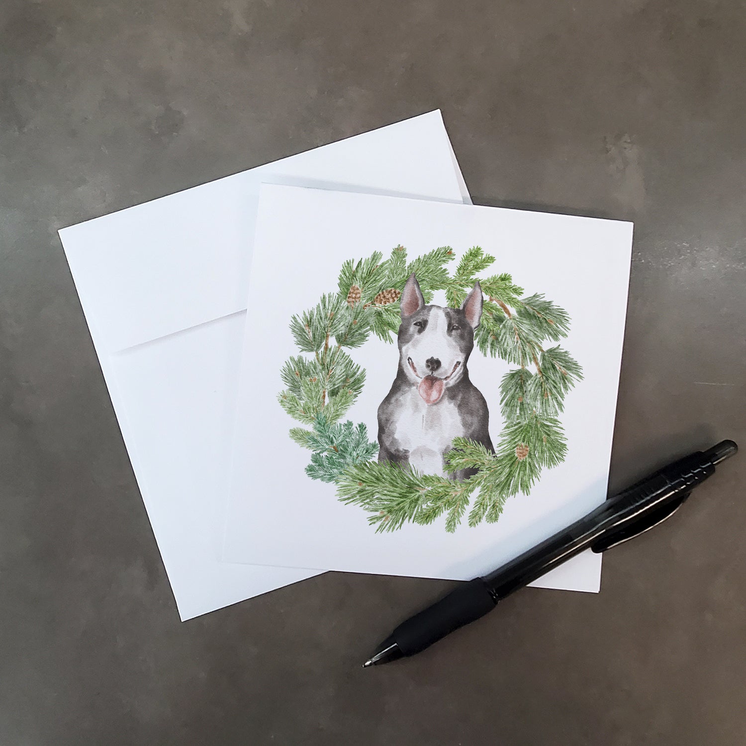 Buy this Bull Terrier Black and White with Christmas Wreath Square Greeting Cards and Envelopes Pack of 8