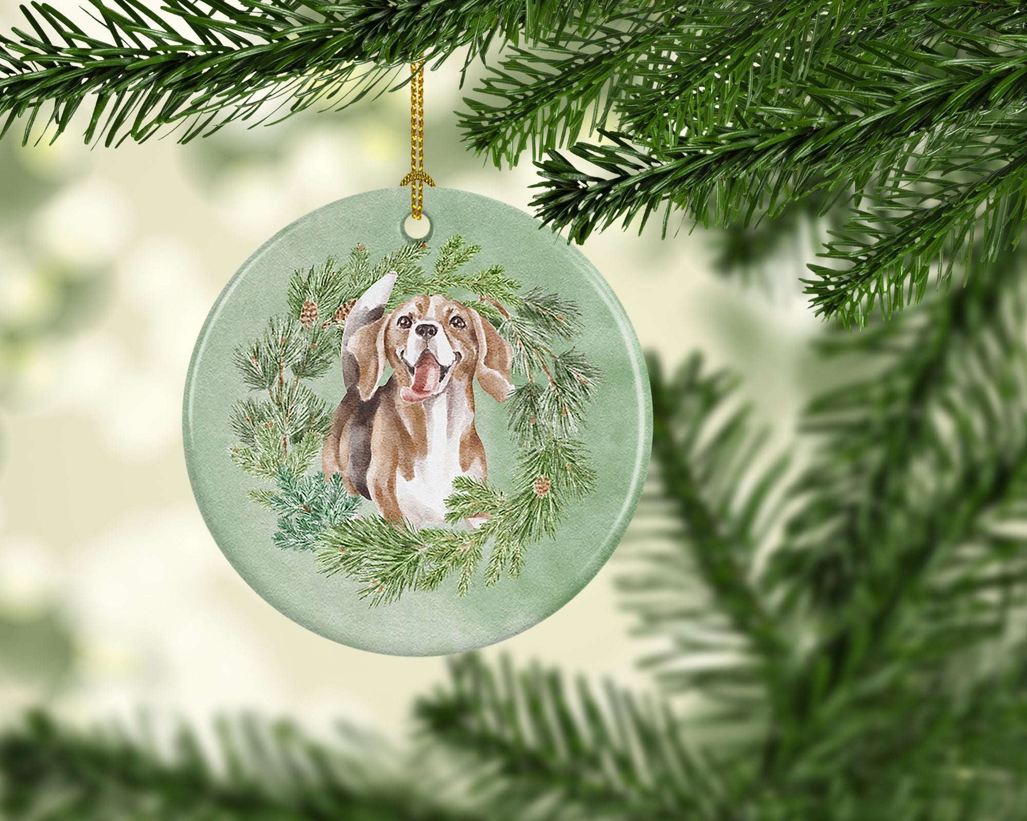 Buy this Beagle Smiling Christmas Wreath Ceramic Ornament
