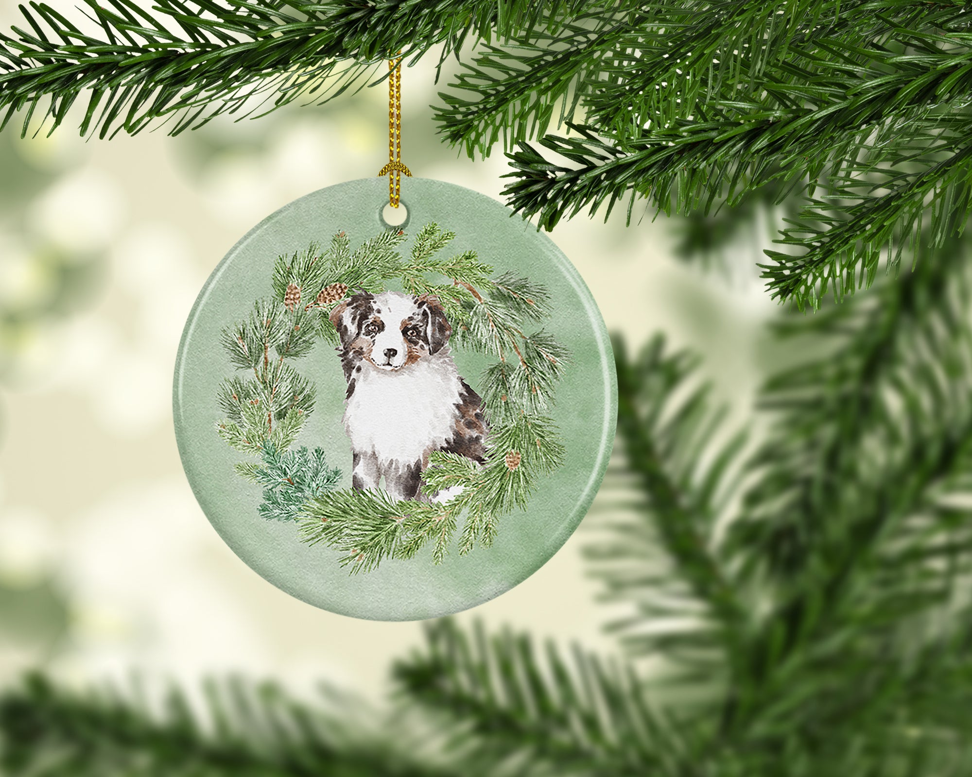 Buy this Australian Shepherd Puppy Blue Merle Christmas Wreath Ceramic Ornament