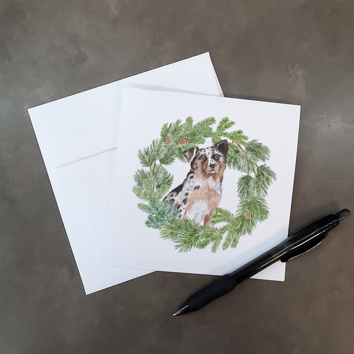 Buy this Australian Shepherd Blue Merle and Tan Shorthaired with Christmas Wreath Square Greeting Cards and Envelopes Pack of 8