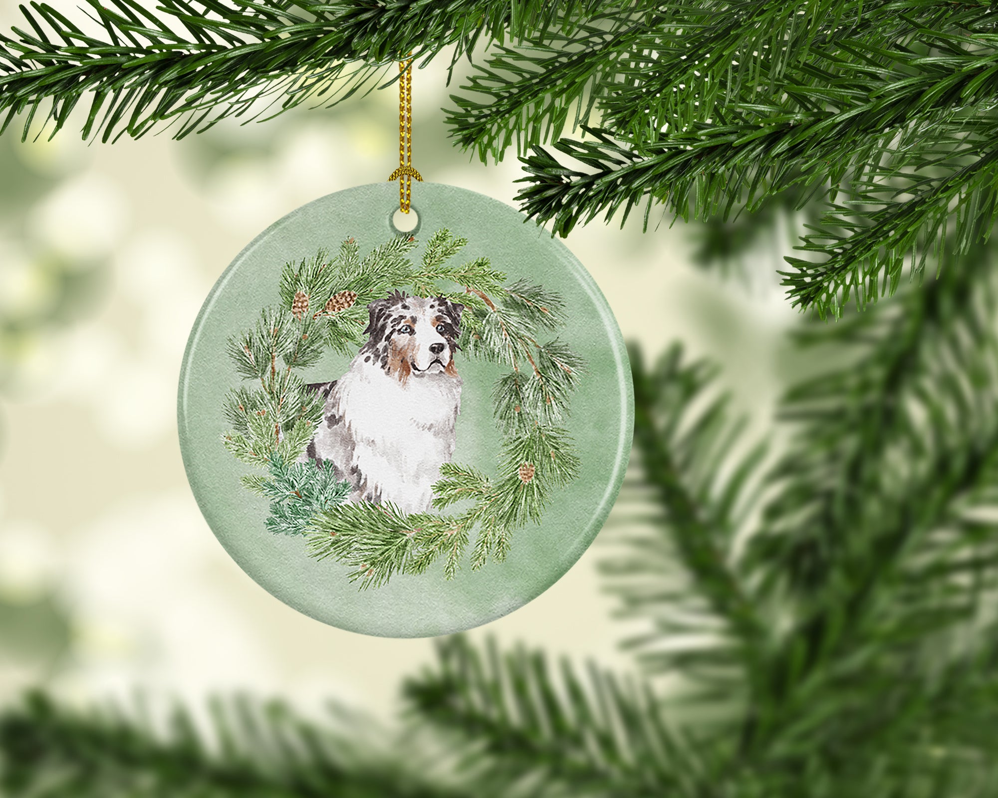 Buy this Australian Shepherd Blue Merle Longhaired Christmas Wreath Ceramic Ornament
