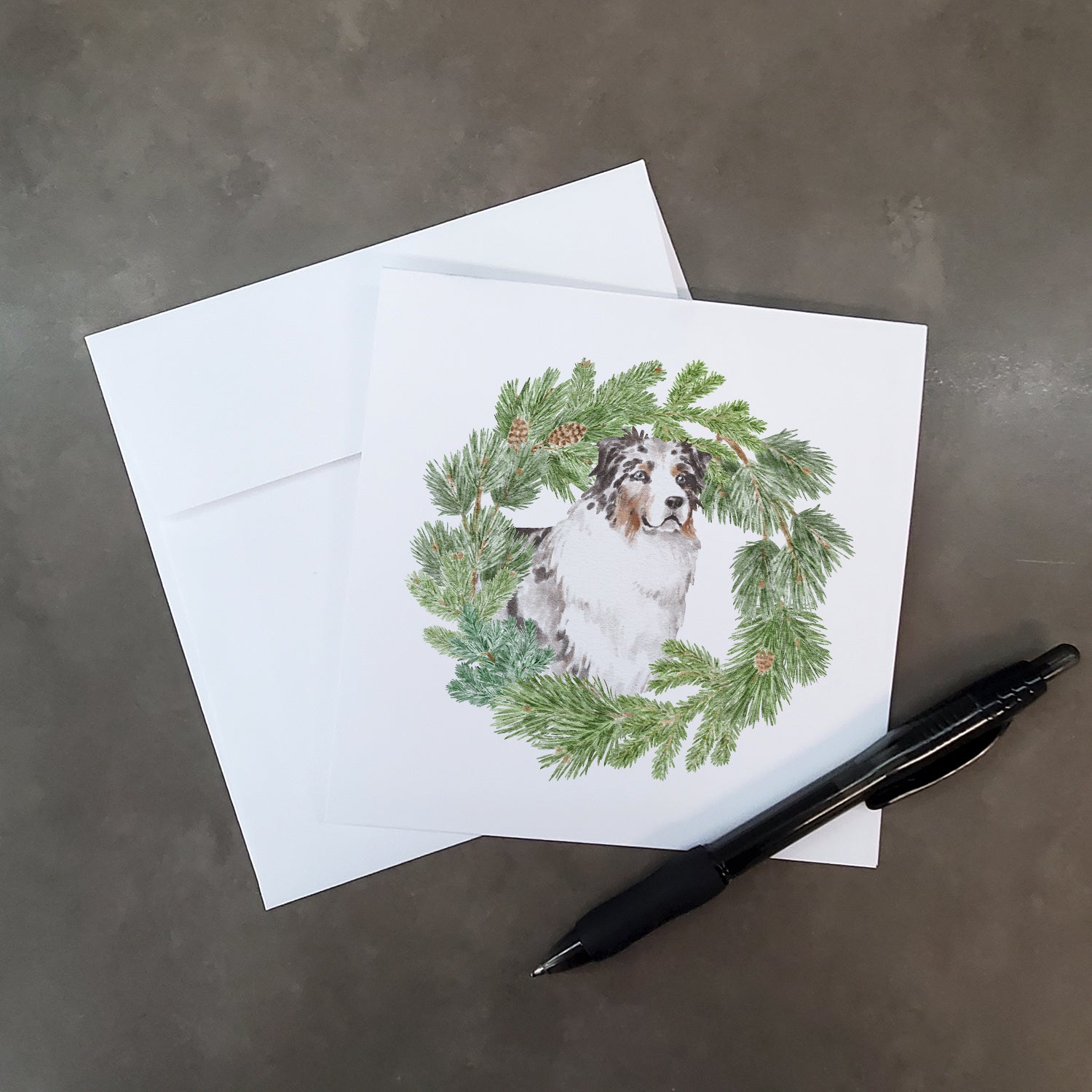 Buy this Australian Shepherd Blue Merle and Tan Longhaired with Christmas Wreath Square Greeting Cards and Envelopes Pack of 8