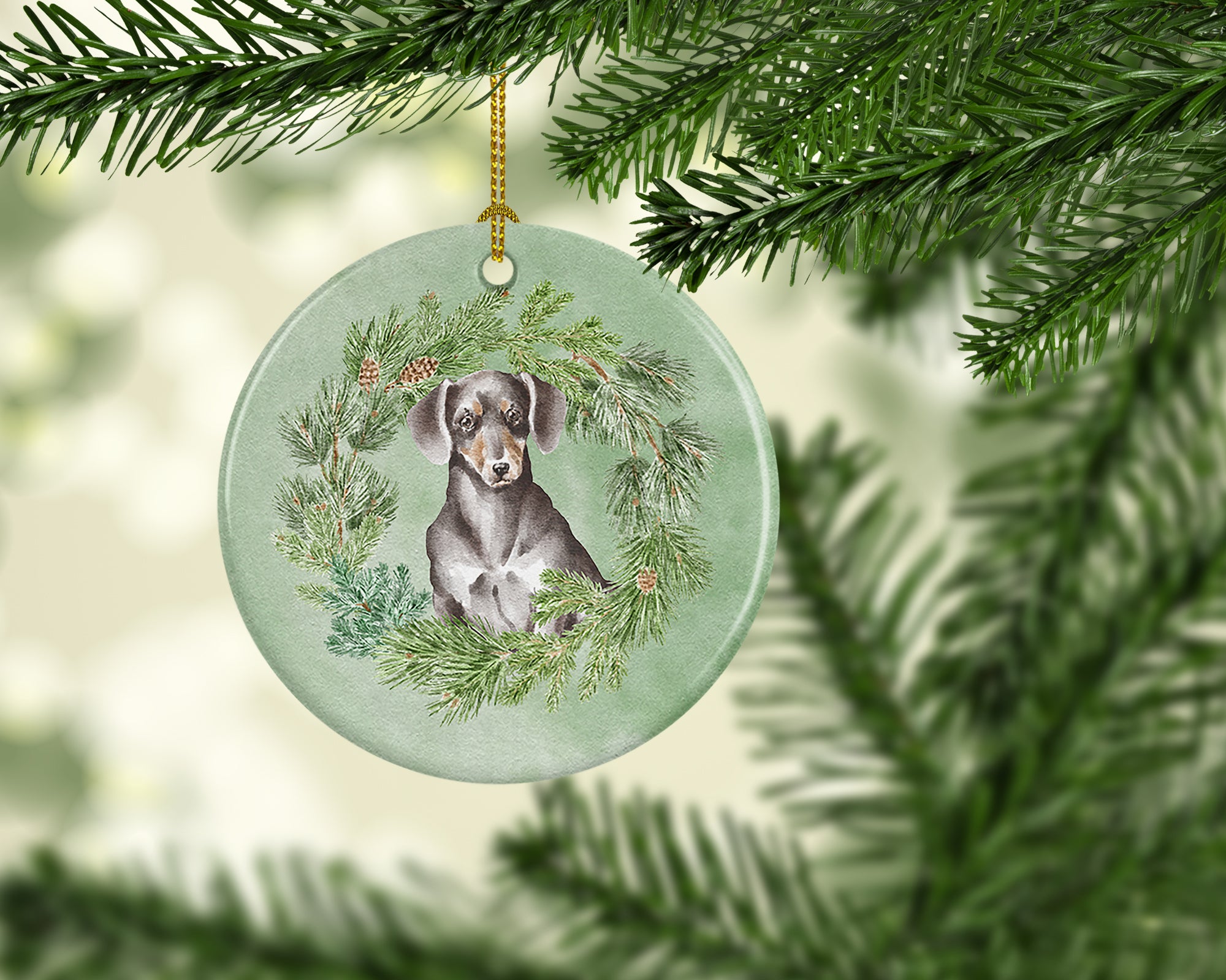 Buy this Dachshund Black and Tan Christmas Wreath Ceramic Ornament