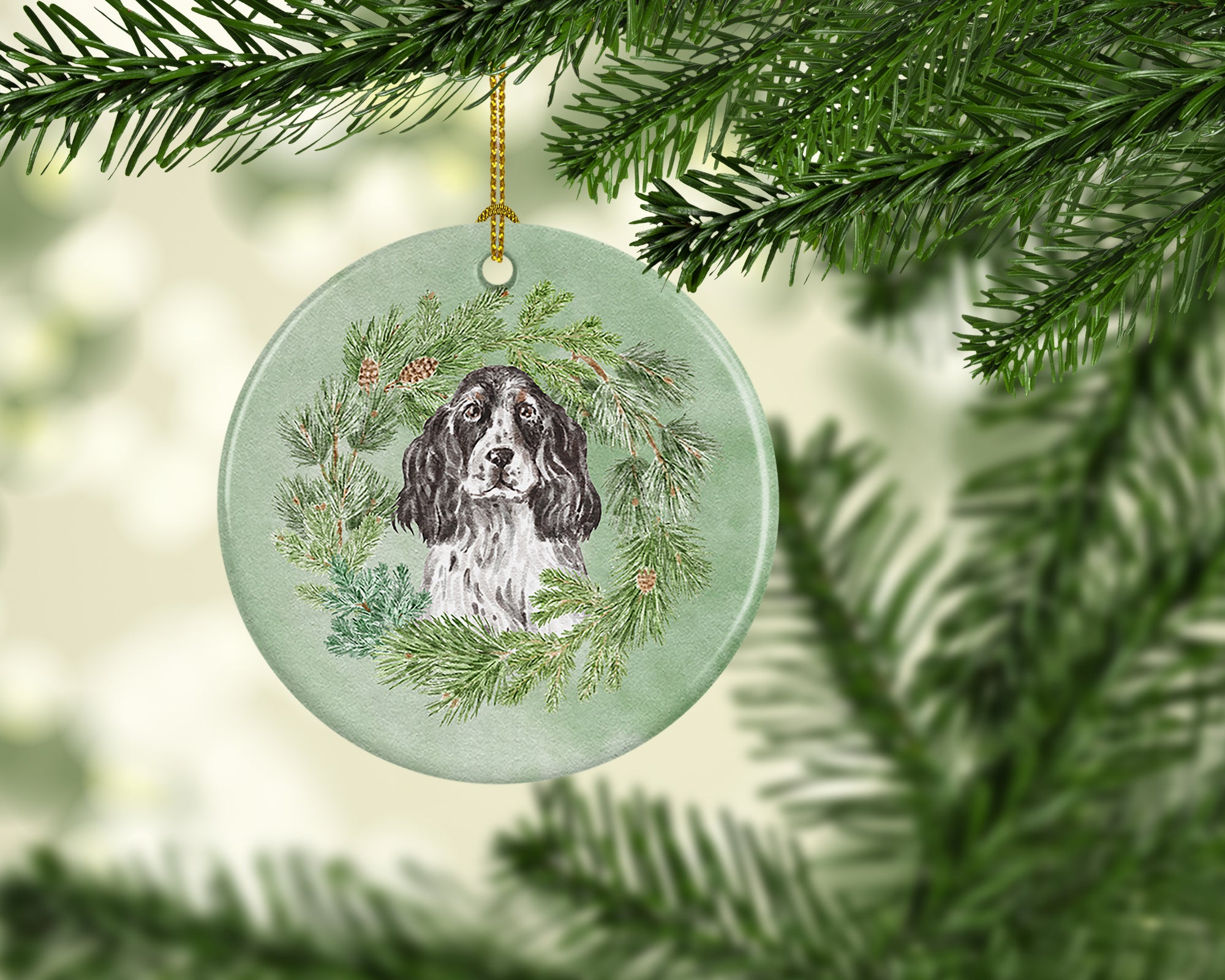 Buy this Cocker Spaniel Black and White Ticked Christmas Wreath Ceramic Ornament