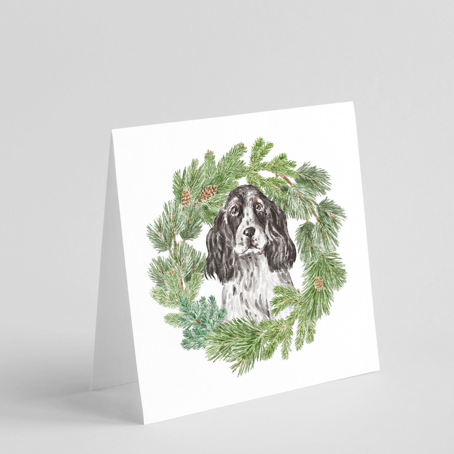 Buy this Cocker Spaniel Black and White Ticked with Christmas Wreath Square Greeting Cards and Envelopes Pack of 8