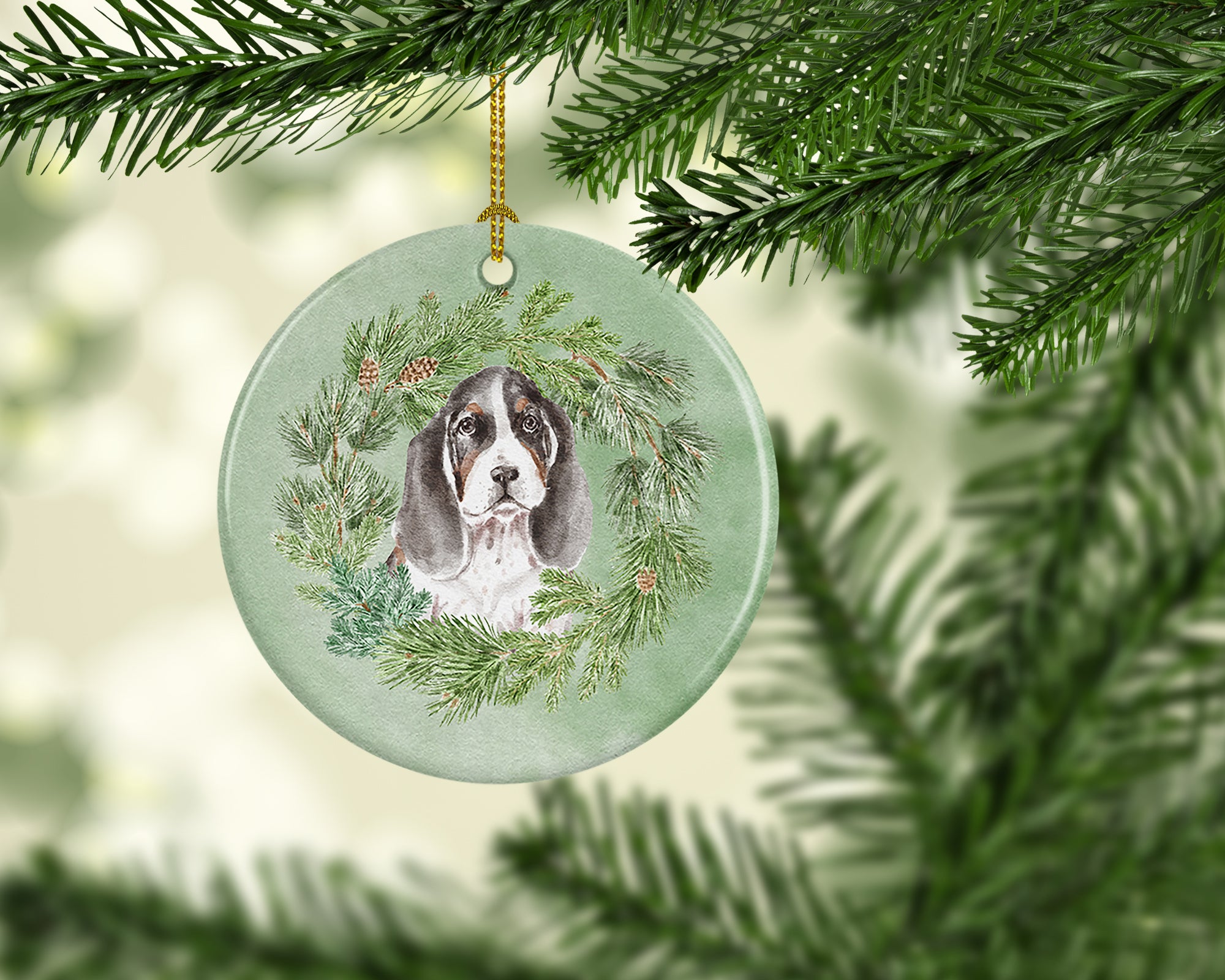 Buy this Basset Hound Puppy Tricolor Christmas Wreath Ceramic Ornament