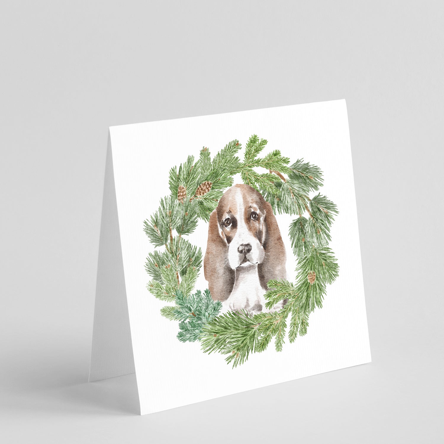 Buy this Basset Hound Puppy Brown White and Black with Christmas Wreath Square Greeting Cards and Envelopes Pack of 8