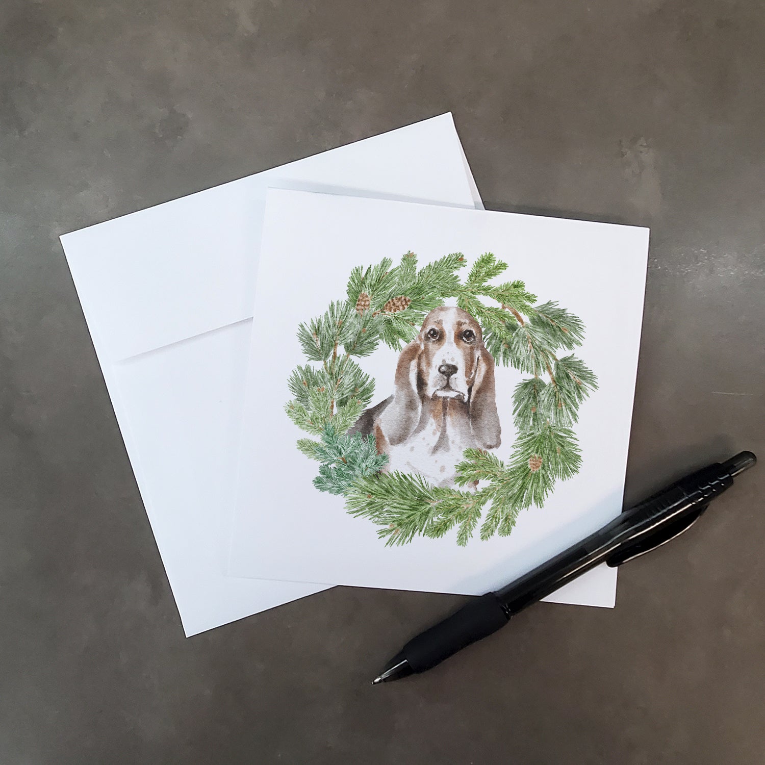 Buy this Basset Hound Tricolor with Christmas Wreath Square Greeting Cards and Envelopes Pack of 8