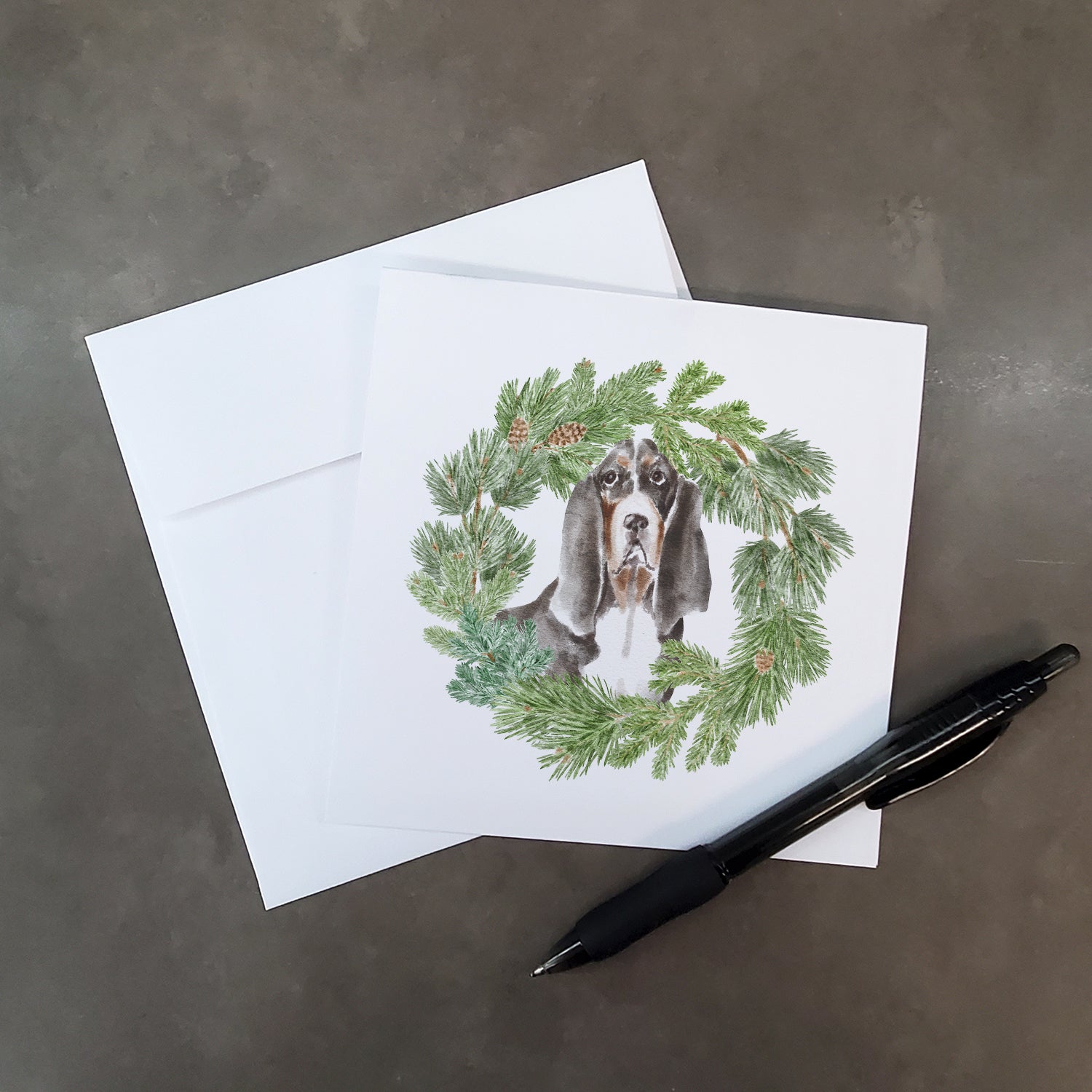 Buy this Basset Hound Black White and Brown with Christmas Wreath Square Greeting Cards and Envelopes Pack of 8