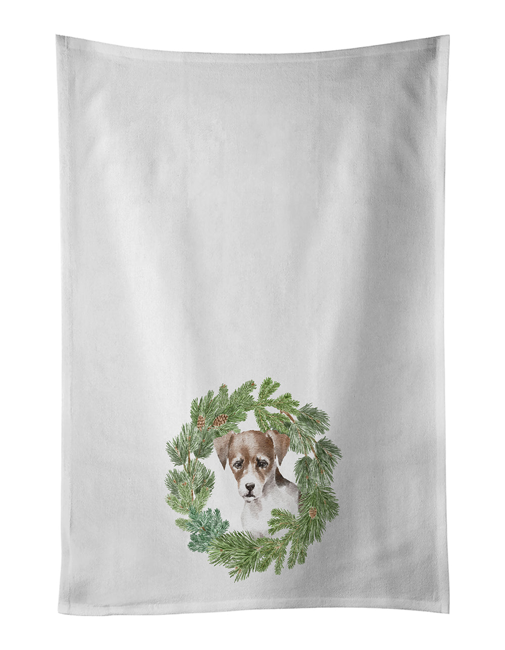 Buy this Jack Russell Terrier Puppy Tricolor Christmas Wreath White Kitchen Towel Set of 2