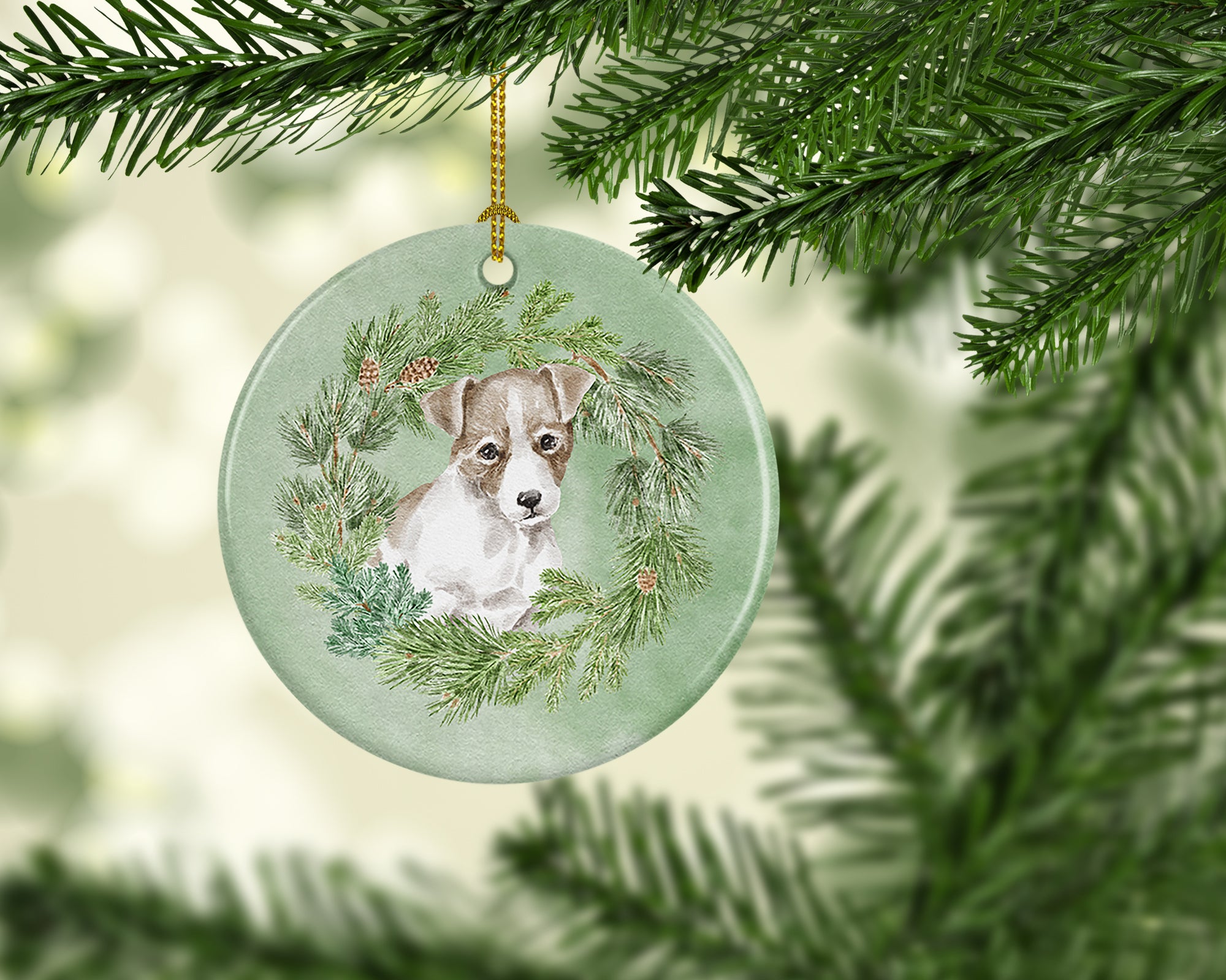 Buy this Jack Russell Terrier Puppy Chestnut and White Christmas Wreath Ceramic Ornament