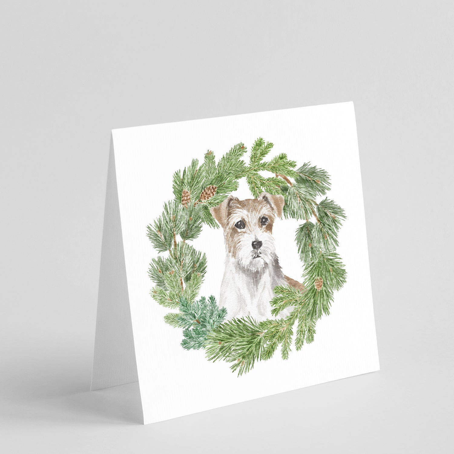 Buy this Jack Russell Terrier Chestnut and White Wirehaired with Christmas Wreath Square Greeting Cards and Envelopes Pack of 8