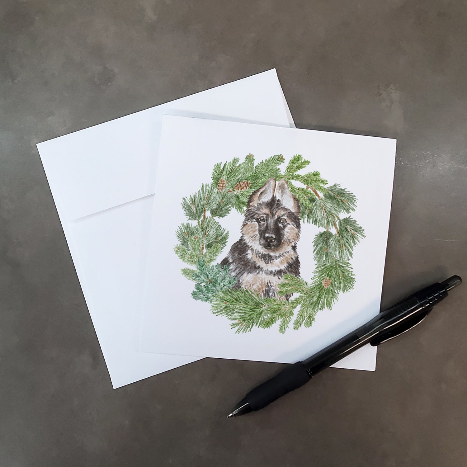 Buy this German Shepherd Puppy with Christmas Wreath Square Greeting Cards and Envelopes Pack of 8