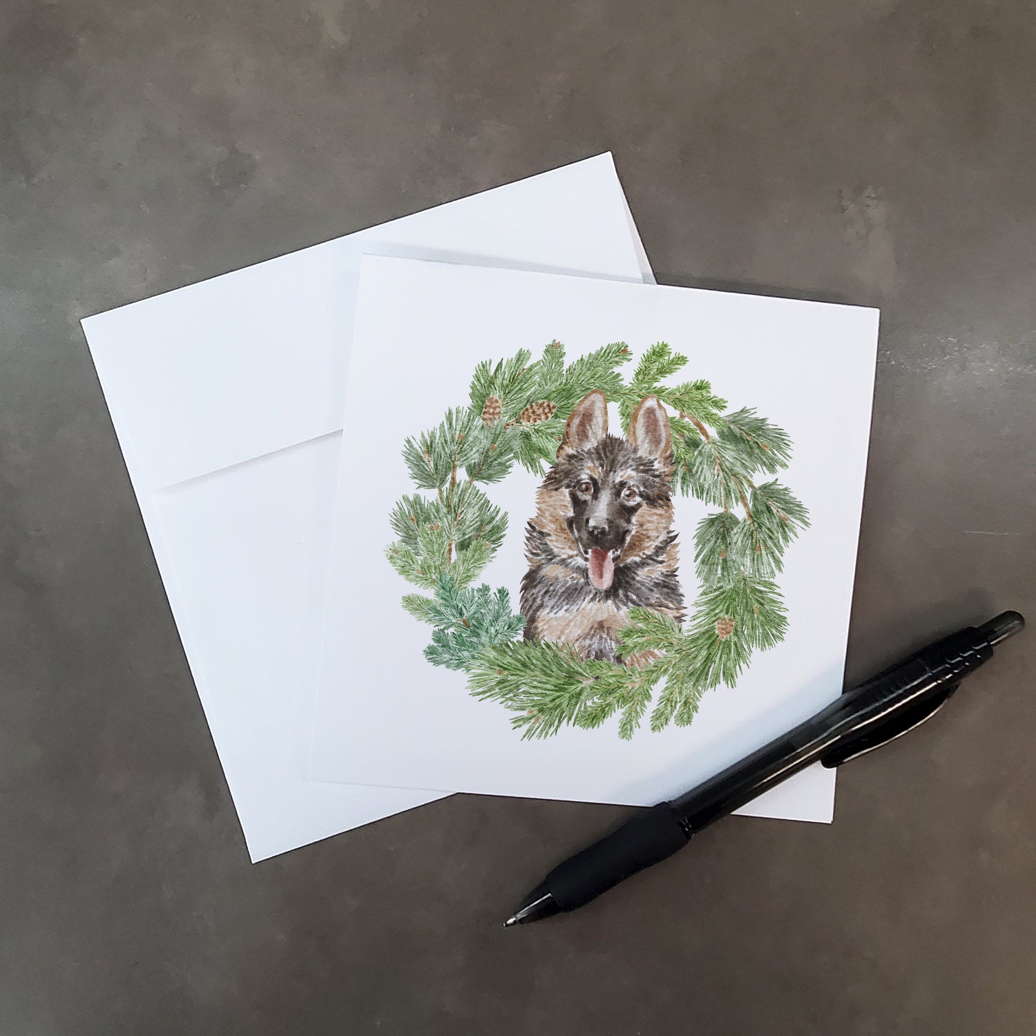 Buy this German Shepherd Puppy Smiling with Christmas Wreath Square Greeting Cards and Envelopes Pack of 8