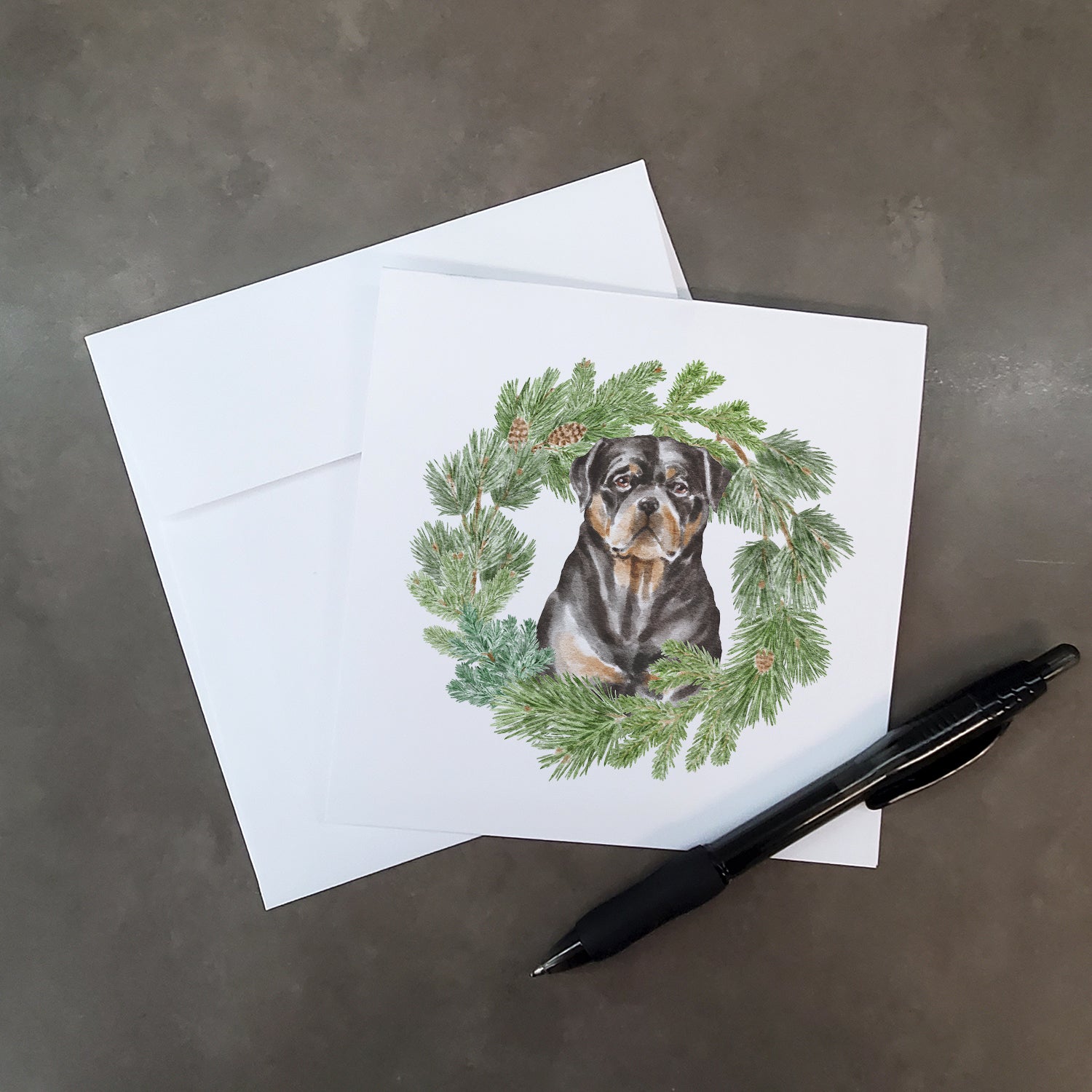 Buy this Rottweiler Sitting Tall with Christmas Wreath Square Greeting Cards and Envelopes Pack of 8