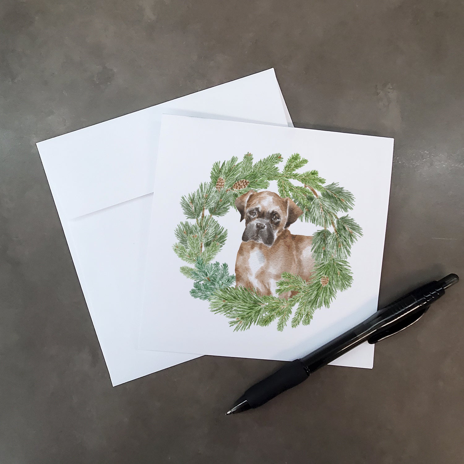 Buy this Boxer Puppy Fawn with Christmas Wreath Square Greeting Cards and Envelopes Pack of 8