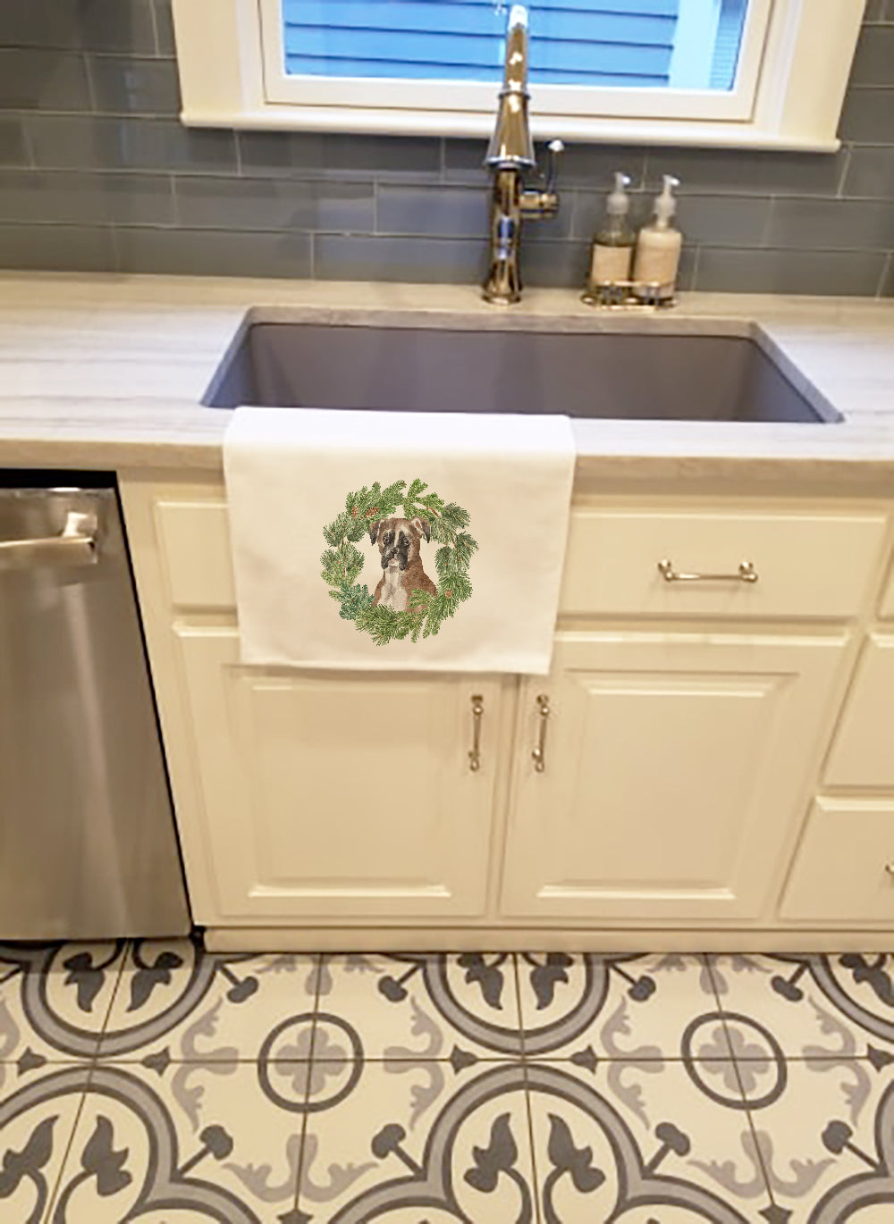 Buy this Boxer Fawn Christmas Wreath White Kitchen Towel Set of 2