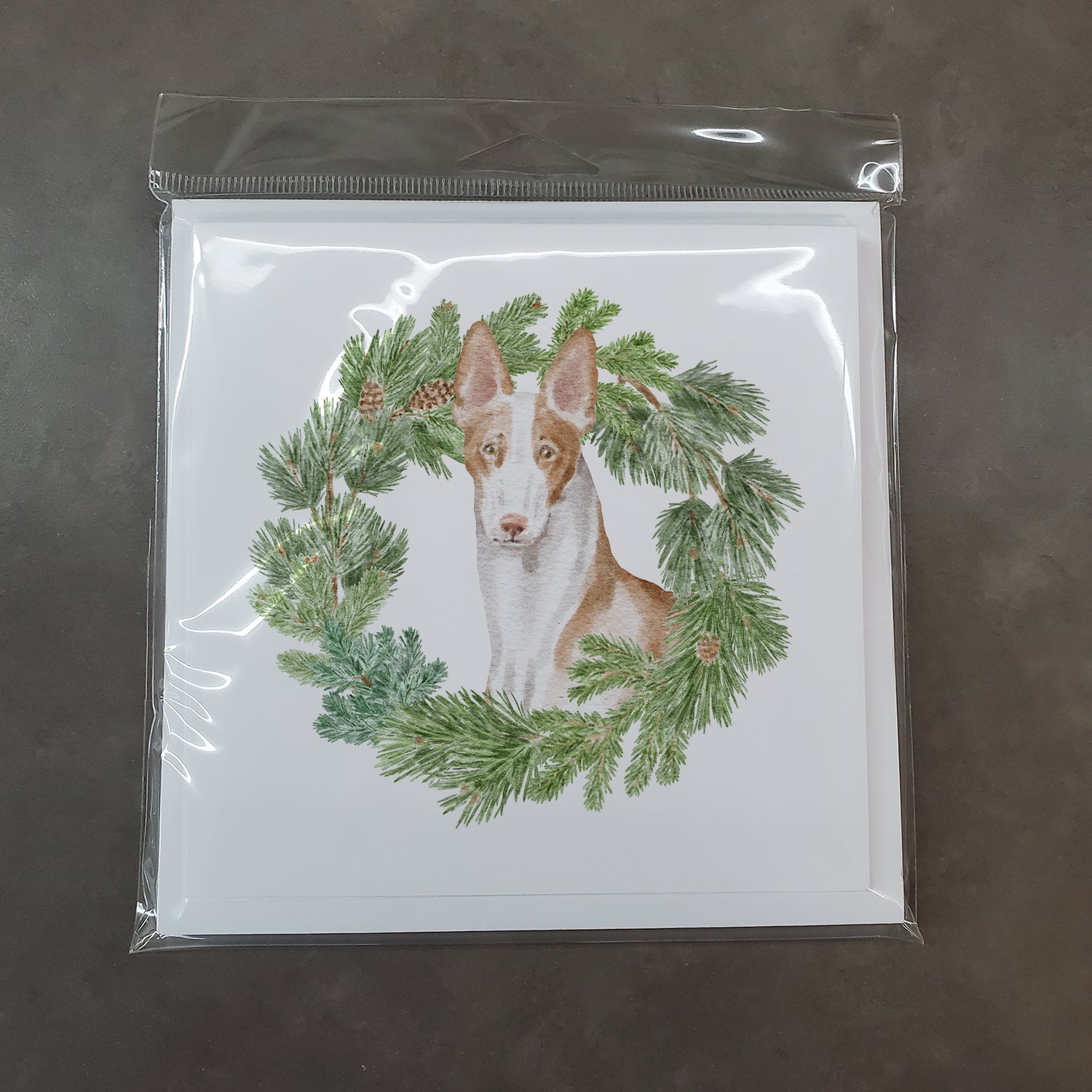 Ibizan Hound Sitting Tall with Christmas Wreath Square Greeting Cards and Envelopes Pack of 8 - the-store.com