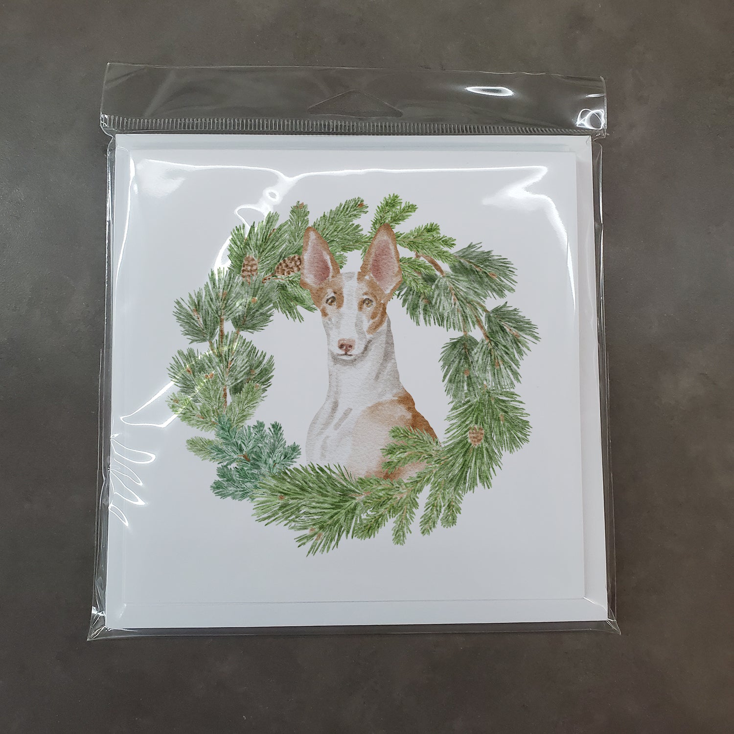 Ibizan Hound Sitting Proud with Christmas Wreath Square Greeting Cards and Envelopes Pack of 8 - the-store.com
