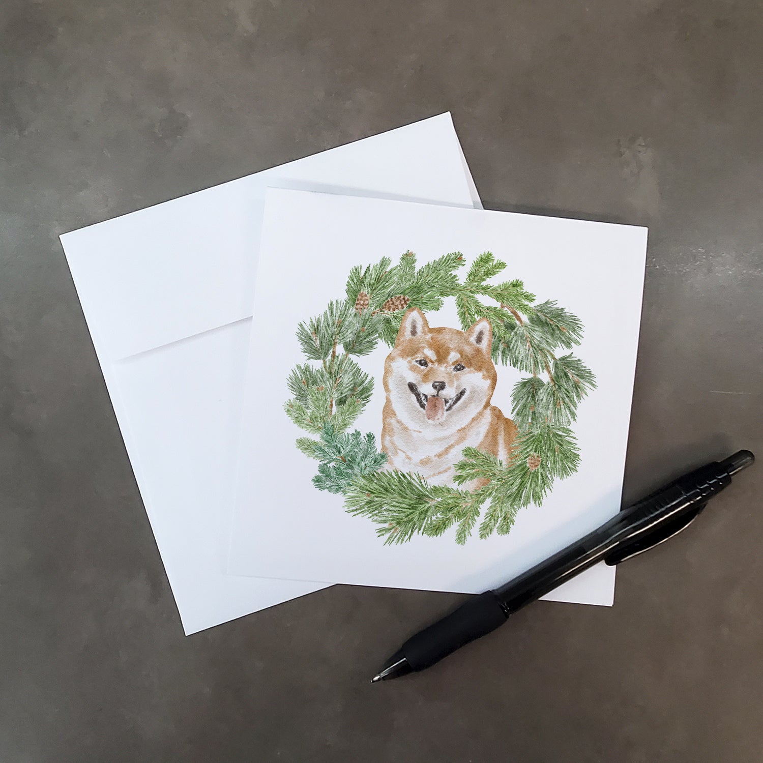 Buy this Shiba Inu Smiling with Christmas Wreath Square Greeting Cards and Envelopes Pack of 8
