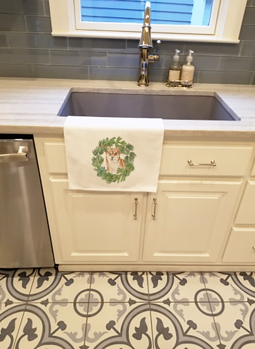 Buy this Shiba Inu Sitting Pretty Christmas Wreath White Kitchen Towel Set of 2