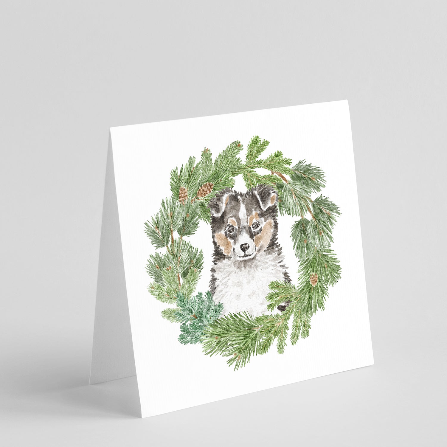 Buy this Sheltie/Shetland Sheepdog Puppy Tricolor with Christmas Wreath Square Greeting Cards and Envelopes Pack of 8