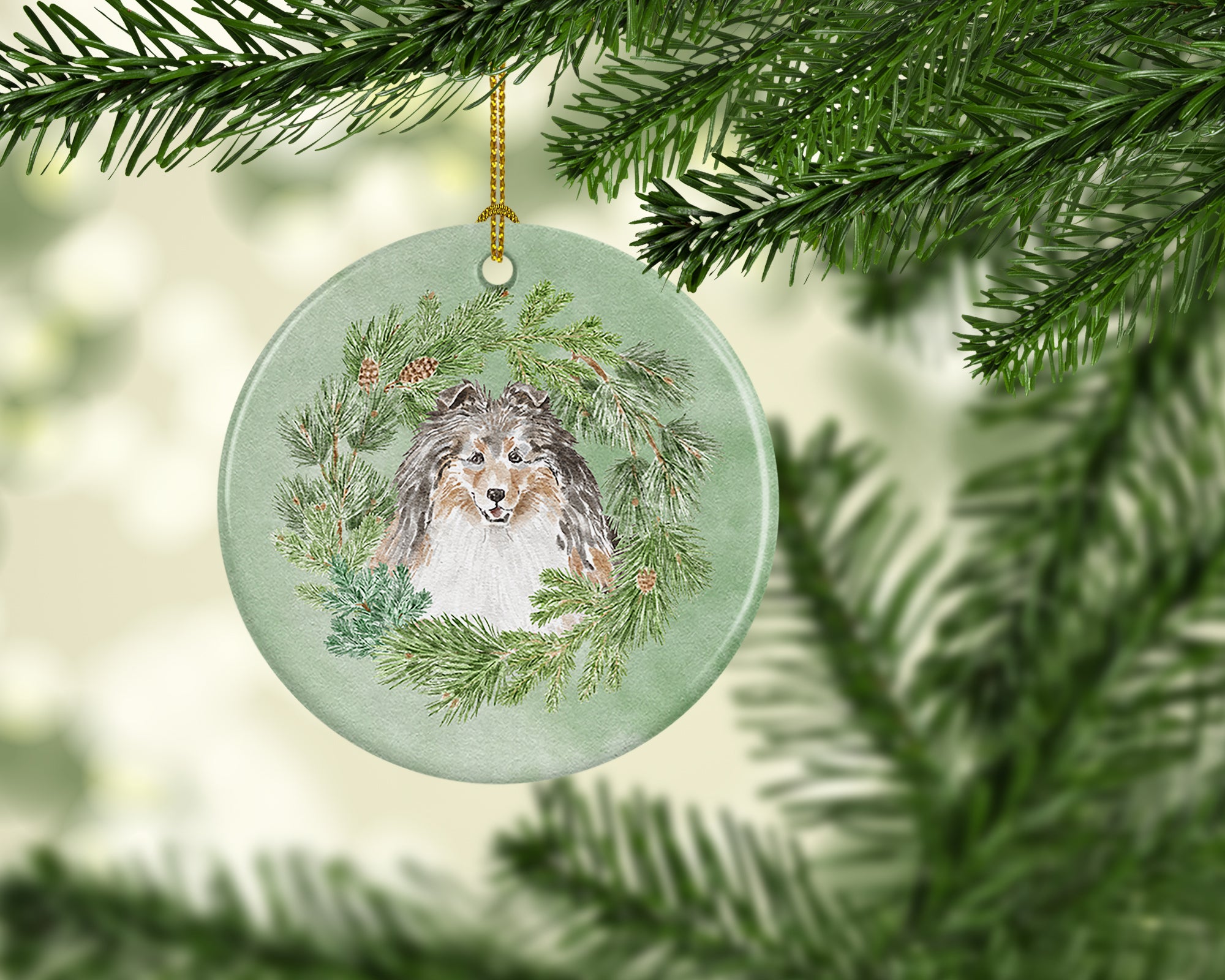 Buy this Sheltie/Shetland Sheepdog Tricolor Smiling #1 Christmas Wreath Ceramic Ornament