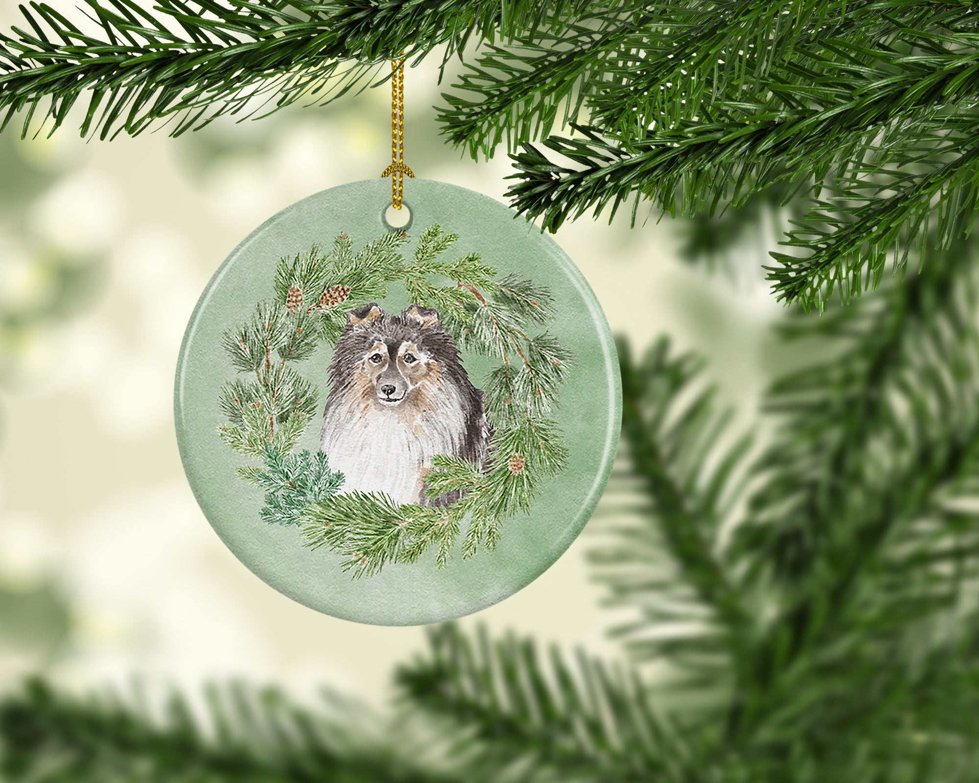 Buy this Sheltie/Shetland SheepdogTricolor Smiling #2 Christmas Wreath Ceramic Ornament