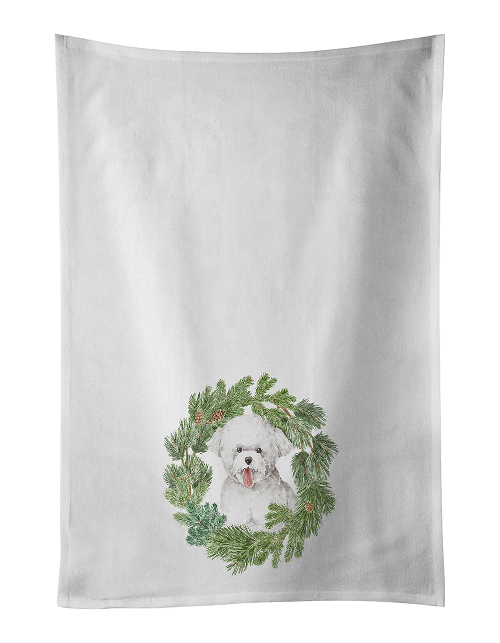 Buy this Bichon Frise Tongue Out Christmas Wreath White Kitchen Towel Set of 2
